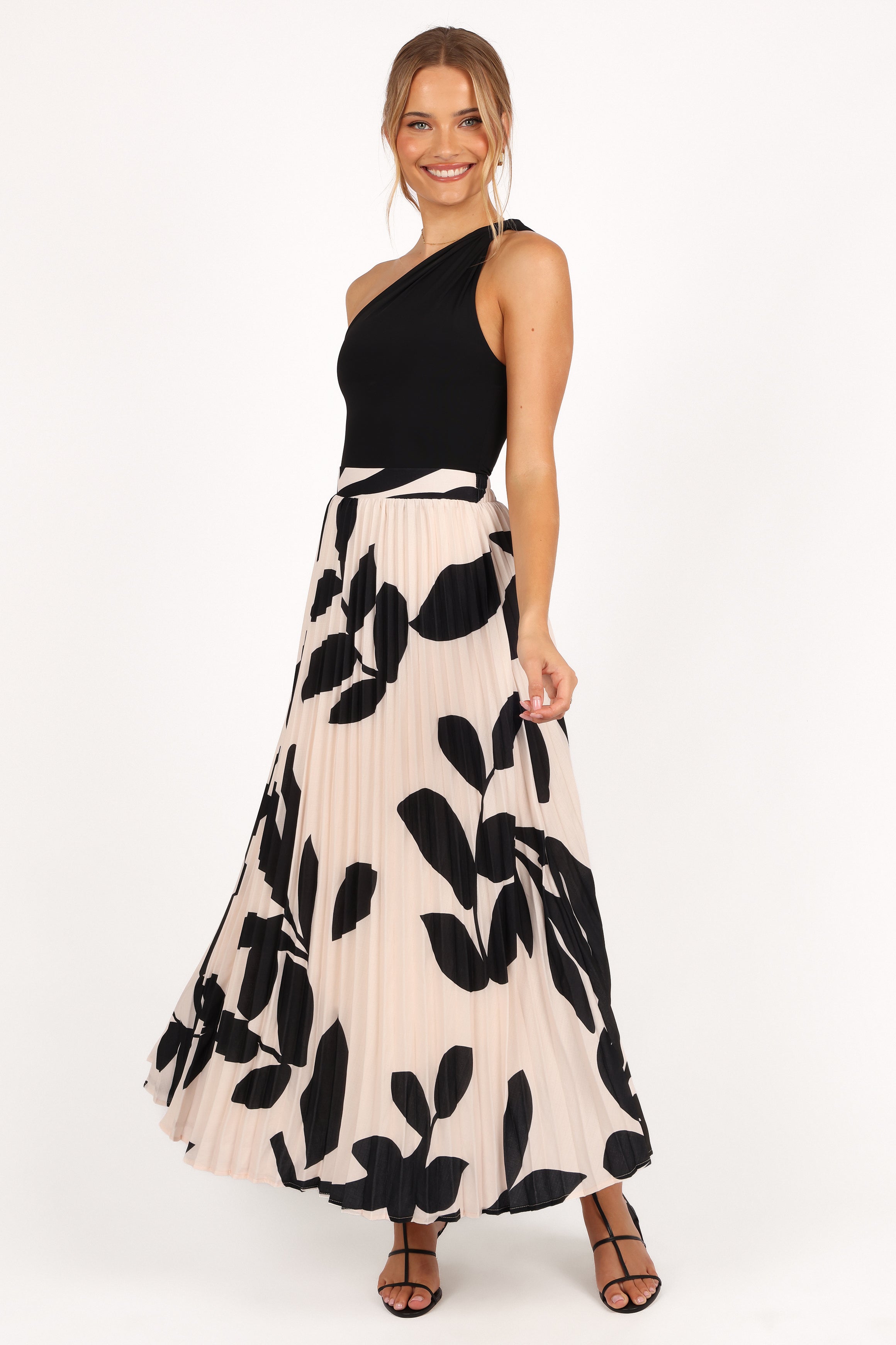 Aurora Pleated Maxi Skirt for Women - Cream Black Floral Print, High Waist Elegant Long Skirt for Spring Summer, Perfect for Beach, Party, and Casual Outfits