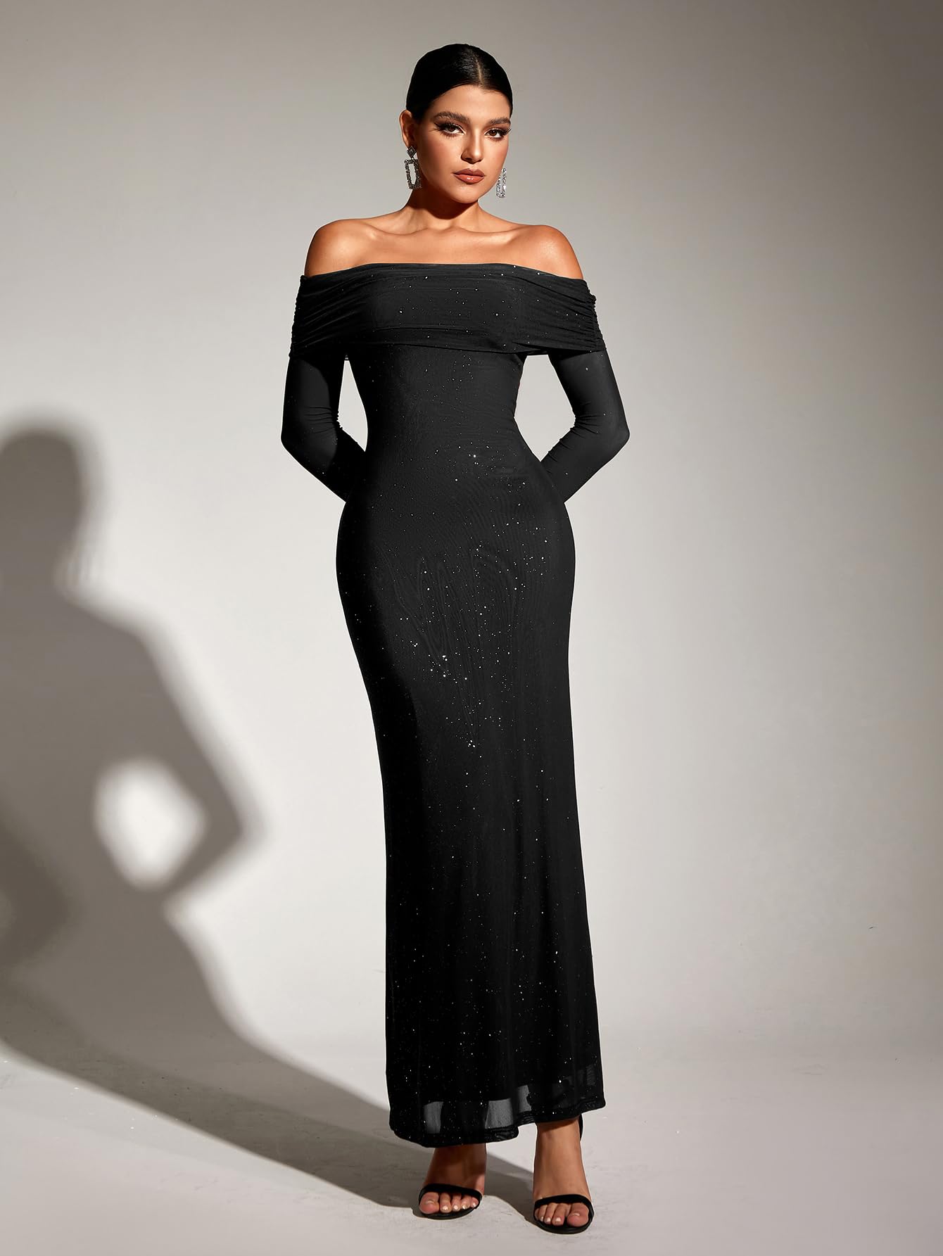 KUTUMAI Women's Off Shoulder Bodycon Maxi Dress - Long Sleeve Mesh Ruched Party Gown for Wedding Guest, Evening Events & Formal Occasions