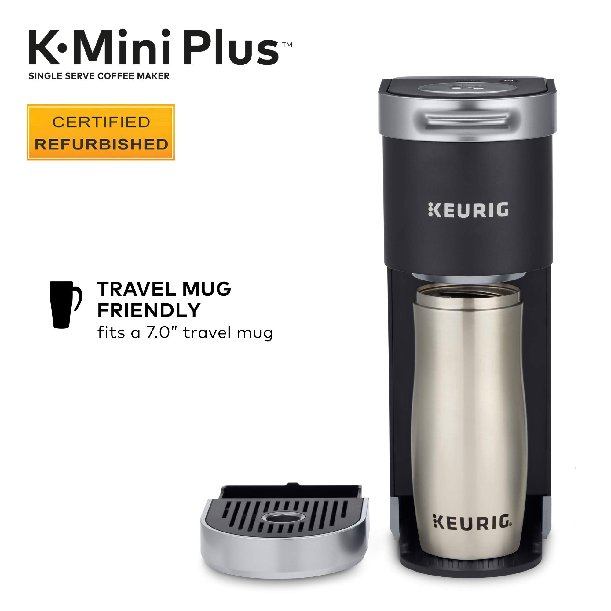 Certified Refurbished Keurig K-Mini Plus Single Serve Coffee Maker - Black (Renewed) | Compact Design for Home, Office & Dorm Use | Fast Brewing with No Water Reservoir