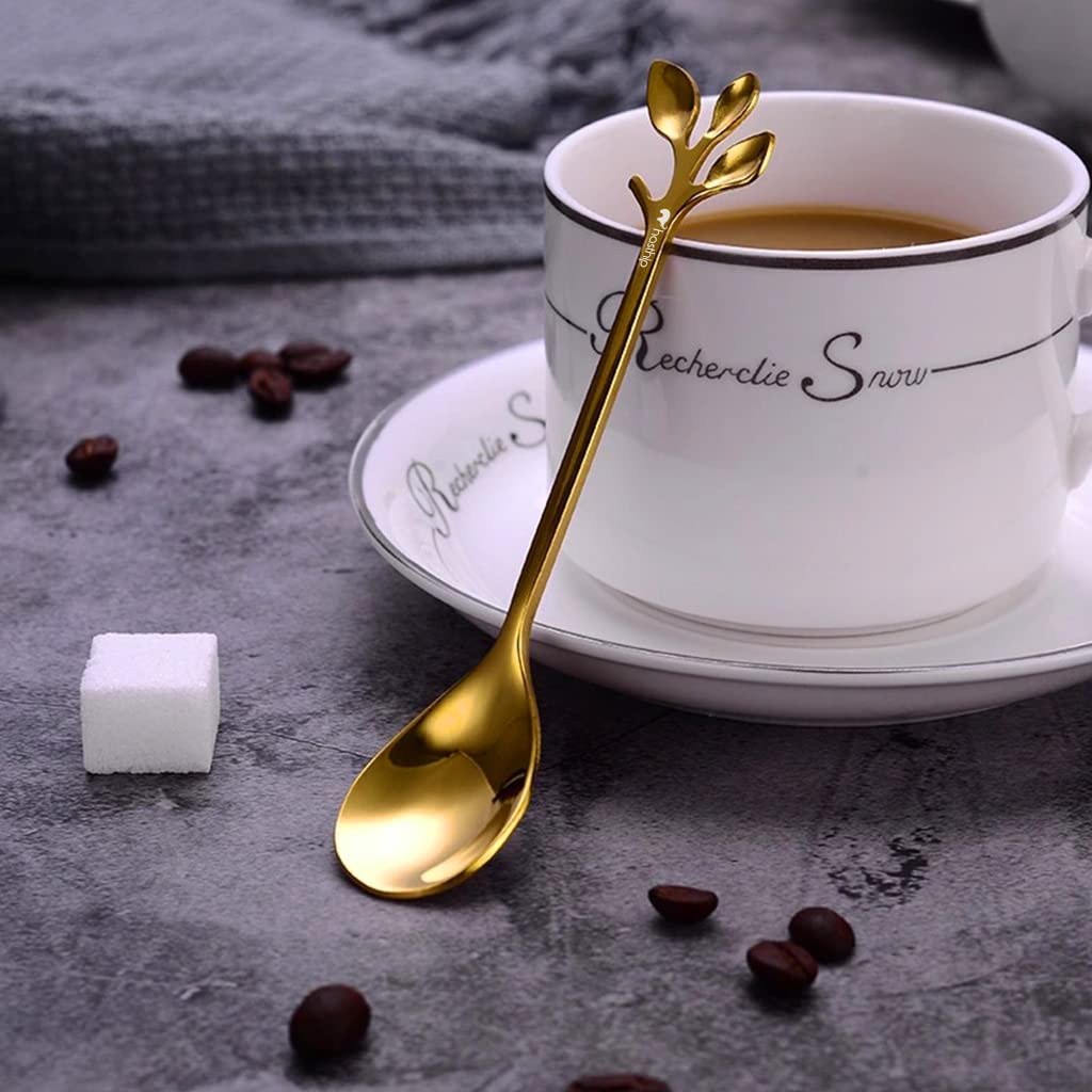HASTHIP® 4-Piece Stainless Steel Gold Leaf Spoon and Fork Set - 4.7 Inch Coffee Spoon, Dessert Fork, Cutlery for Kitchen & Tableware - Perfect for Coffee, Desserts, Appetizers & Fine Dining (2 Spoons + 2 Forks, Gold)
