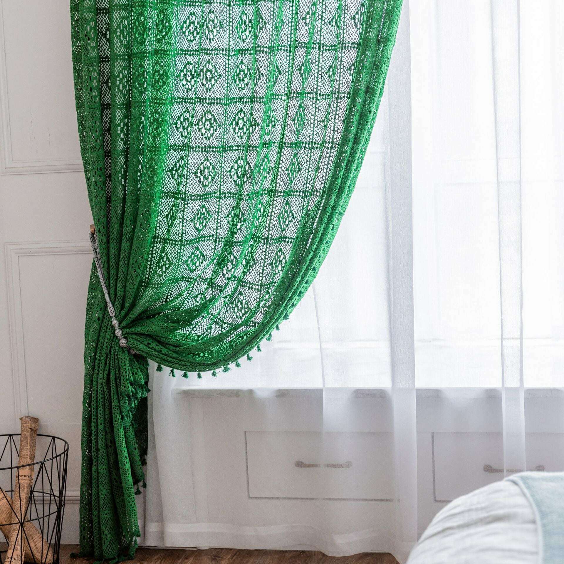 Rémy Crochet Sheer Curtains - Green & Pink Lace Window Drapes for Living Room, Bedroom & Nursery Decor