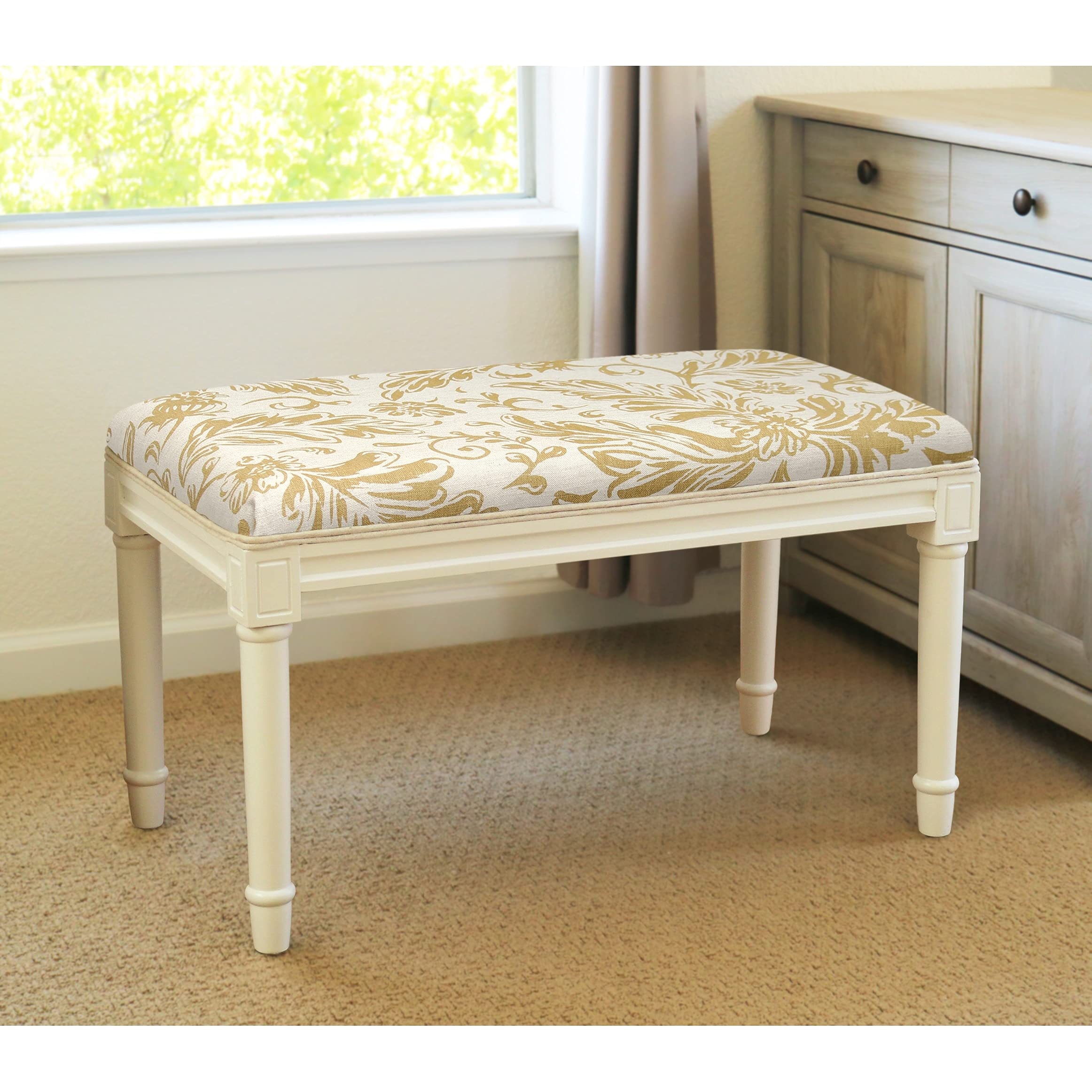 Tuscan Floral Bench with White Frame - Casual Pattern Linen Upholstered Solid Wood Bench for Living Room, Bedroom & Garden Decor