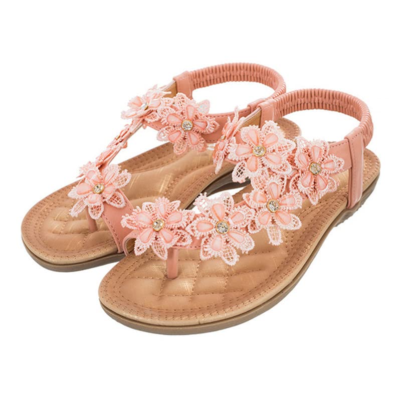 **Women's Bohemian Floral Sandals - Comfortable Flat Summer Shoes for Beach, Party & Casual Wear (Pink, Size 12) | JrenBox Retro Style Sandals**
