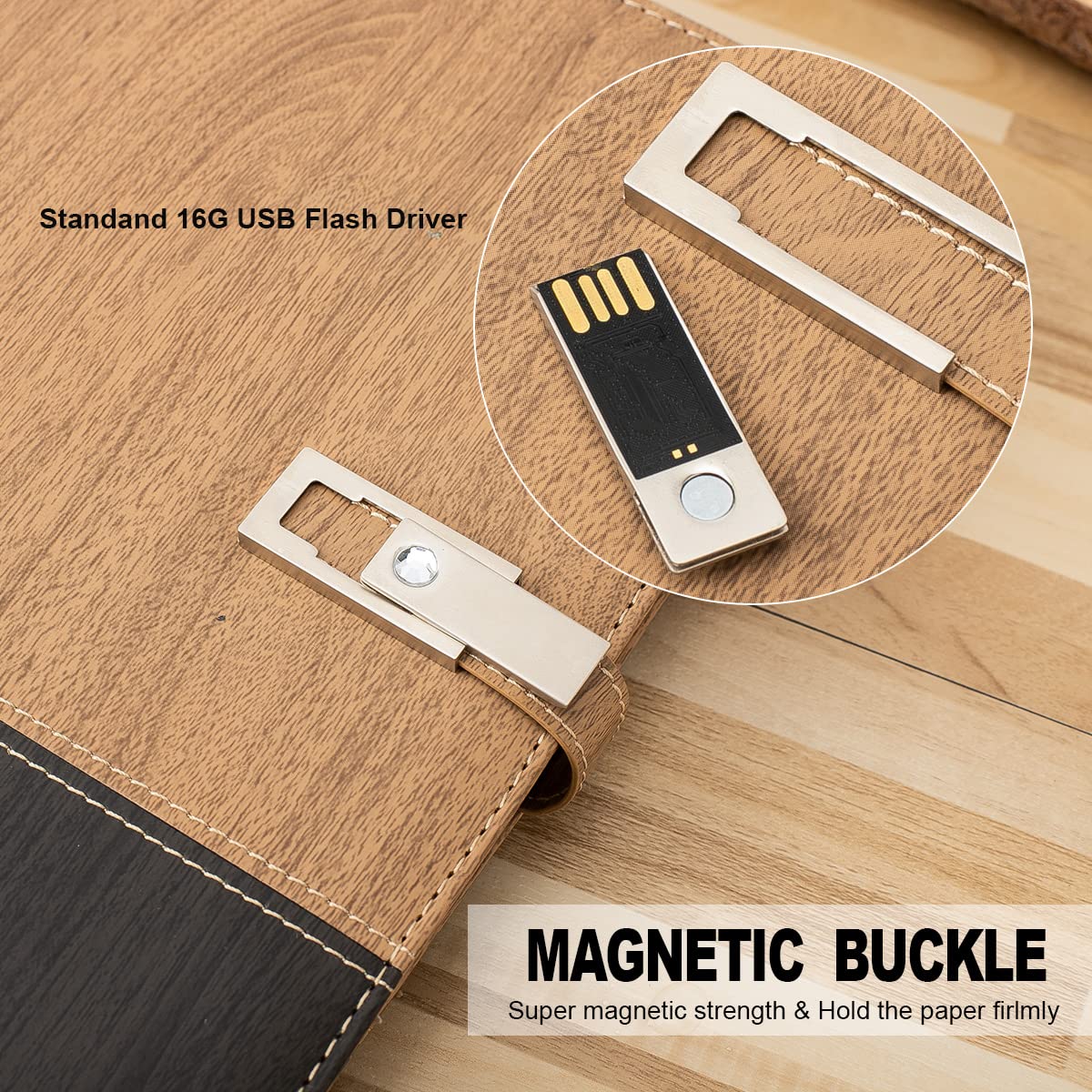 Premium Leather A5 Binder with 8000mAh Power Bank - 6-Ring Planner Notebook Organizer with Document Sleeve, Card Holder & Pencil Loop - Compatible with A5 Filler Paper (Wood Grain) - Perfect for Business Meetings, College Students & Office Professionals