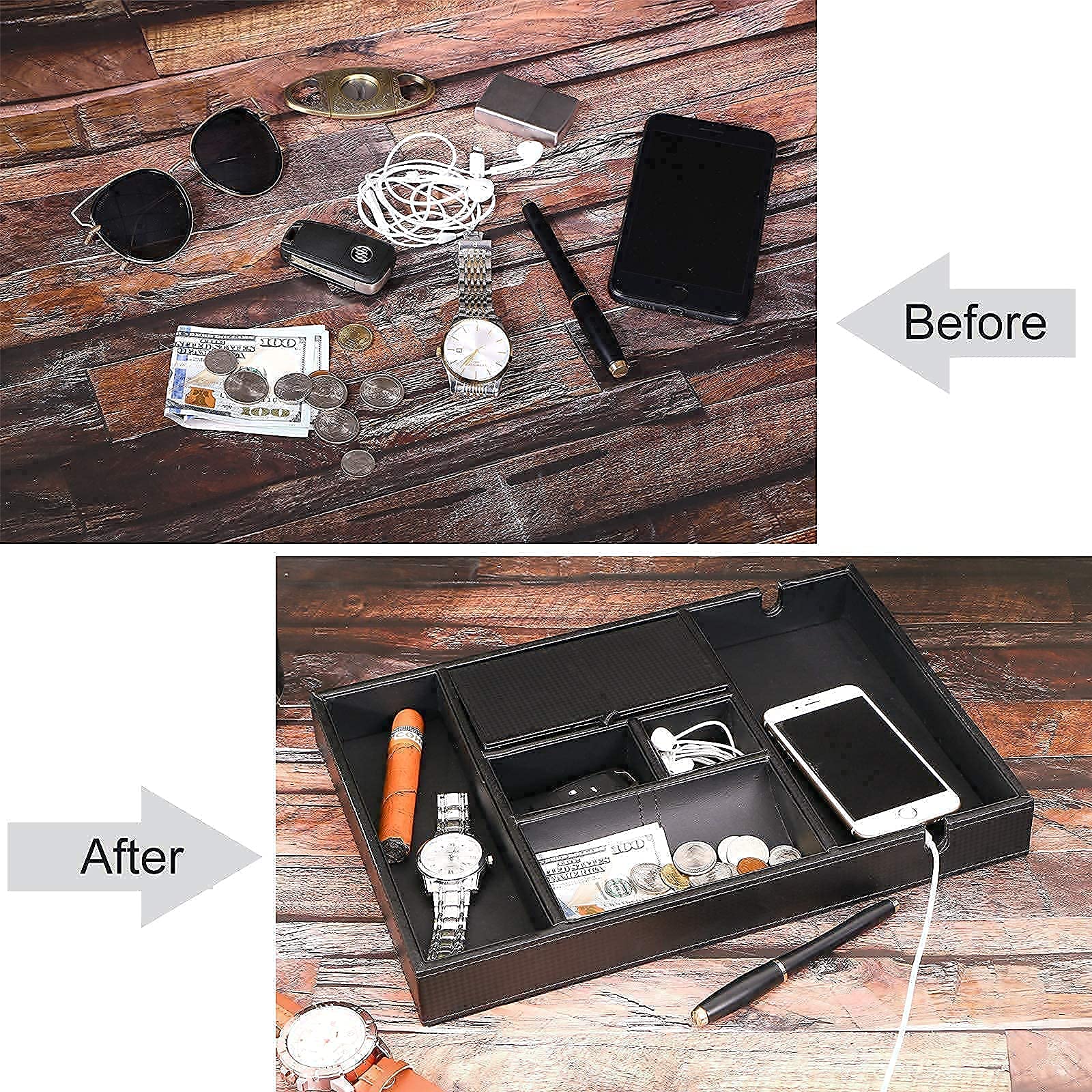 BEWISHOME Carbon Fiber Watch Box Organizer & Valet Tray - Men's Dresser and Nightstand Storage Case - Perfect for Watch Collection, Jewelry, and Small Essentials Organization at Home or Office