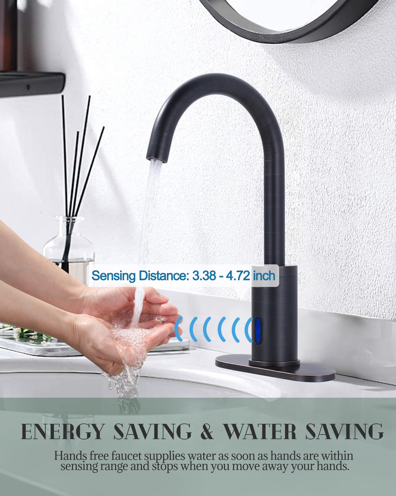 Touchless Automatic Sensor Bathroom Faucet - Hands-Free Motion Sensor Sink Faucet with Temperature Mixer, 1 Hole Oil Rubbed Bronze Design with Cover Plate - Perfect for Commercial & Home Bathroom Vanity Sinks