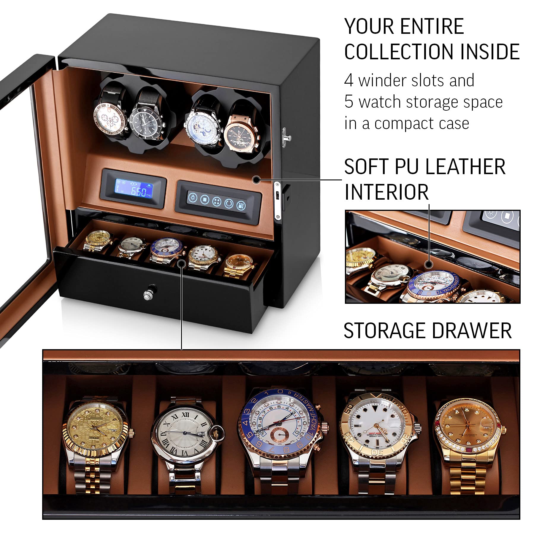 4 Watch Winder with 5 Watch Storage Space - Automatic Watch Winder Box with LCD Display, Touch Control & LED Light for Automatic Watches - Perfect for Watch Collectors & Luxury Watch Storage at Home or Office