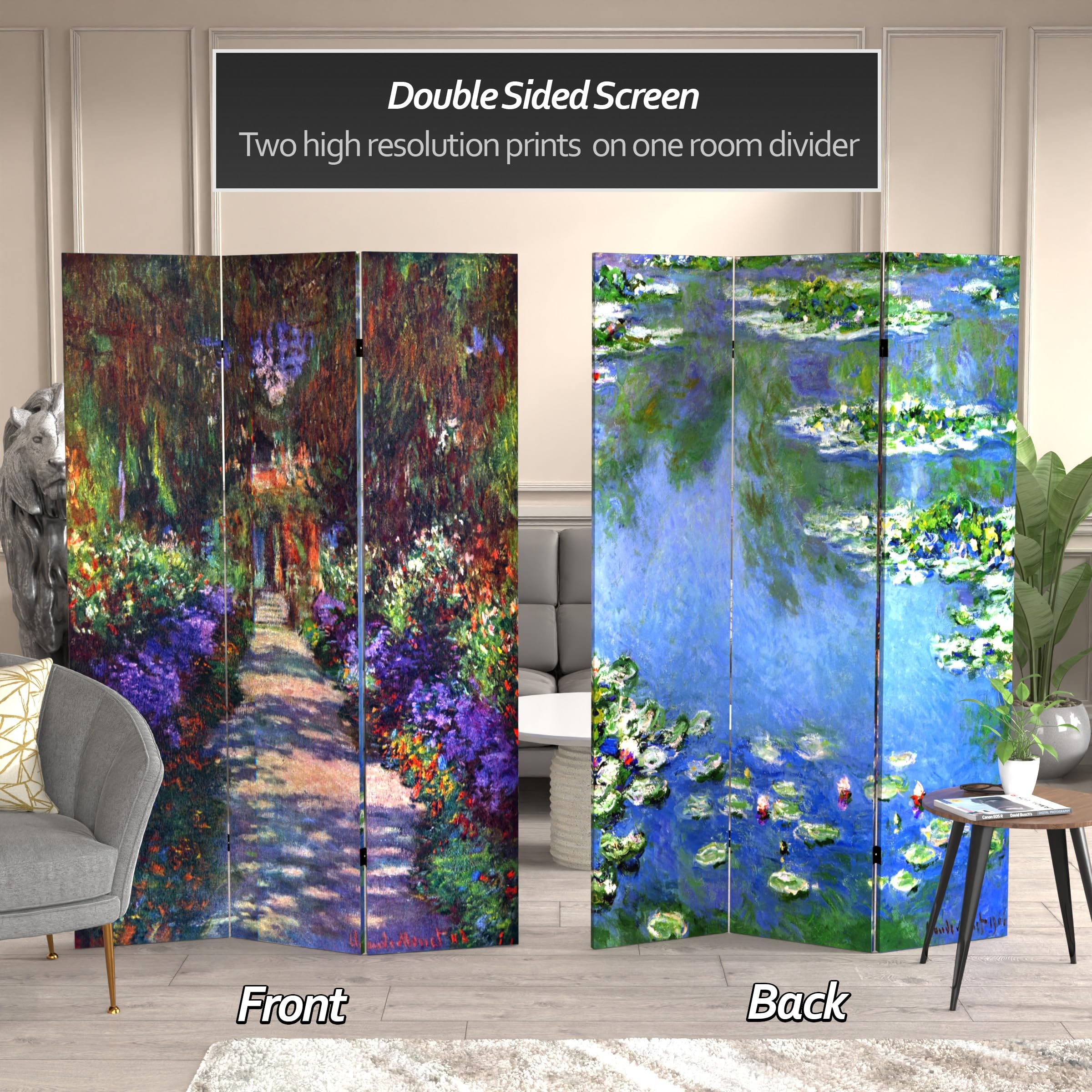6 ft Double Sided Monet Canvas Room Divider - Water Lilies & Garden at Giverny Blue Art Panel | Home Office Partition Screen | Bedroom Decor & Living Room Privacy Panel