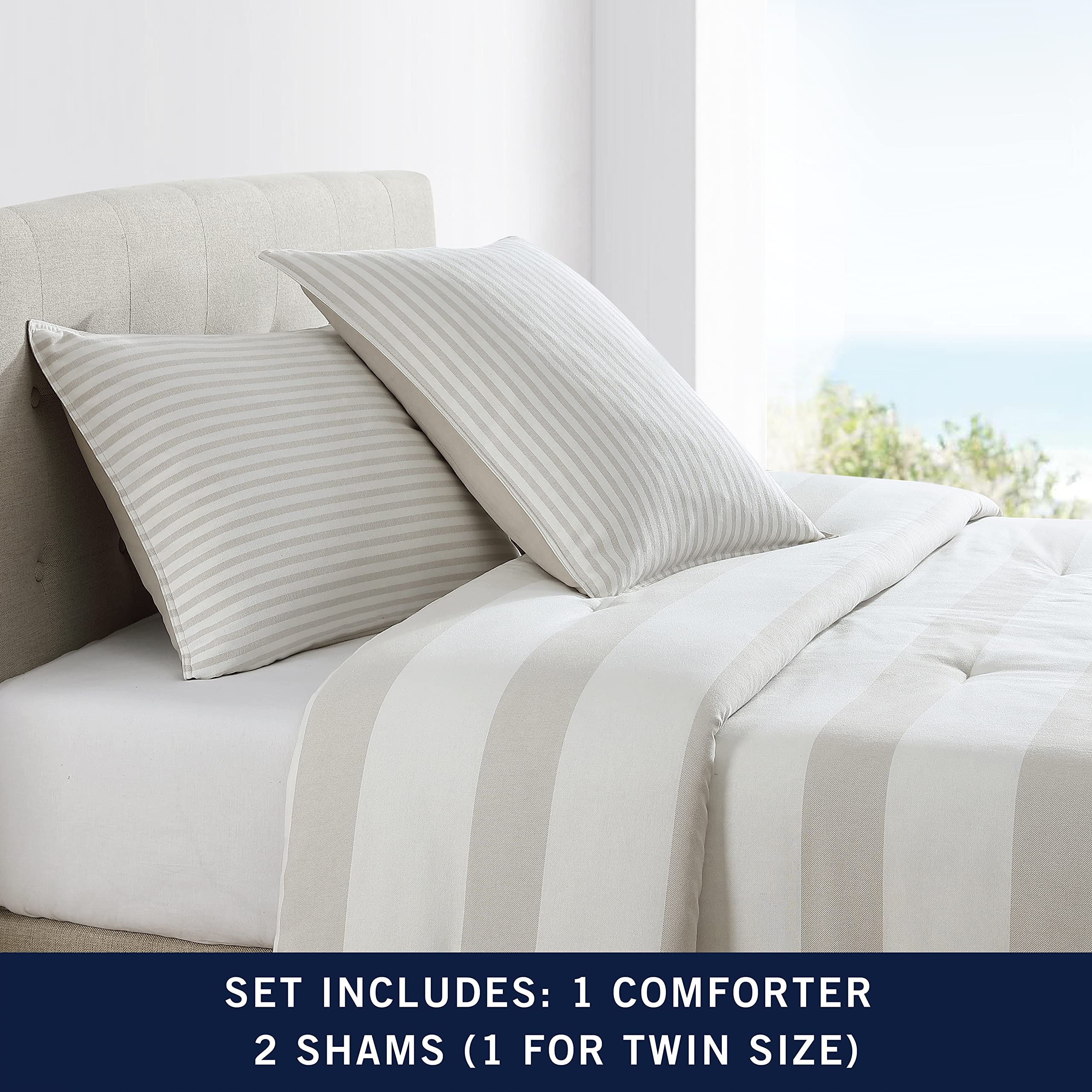 Nautica Queen Comforter Set - 100% Cotton Reversible Bedding with Matching Shams | All-Season Luxury Bedding for Master Bedroom & Guest Room (Saybrook Beige, Queen Size)