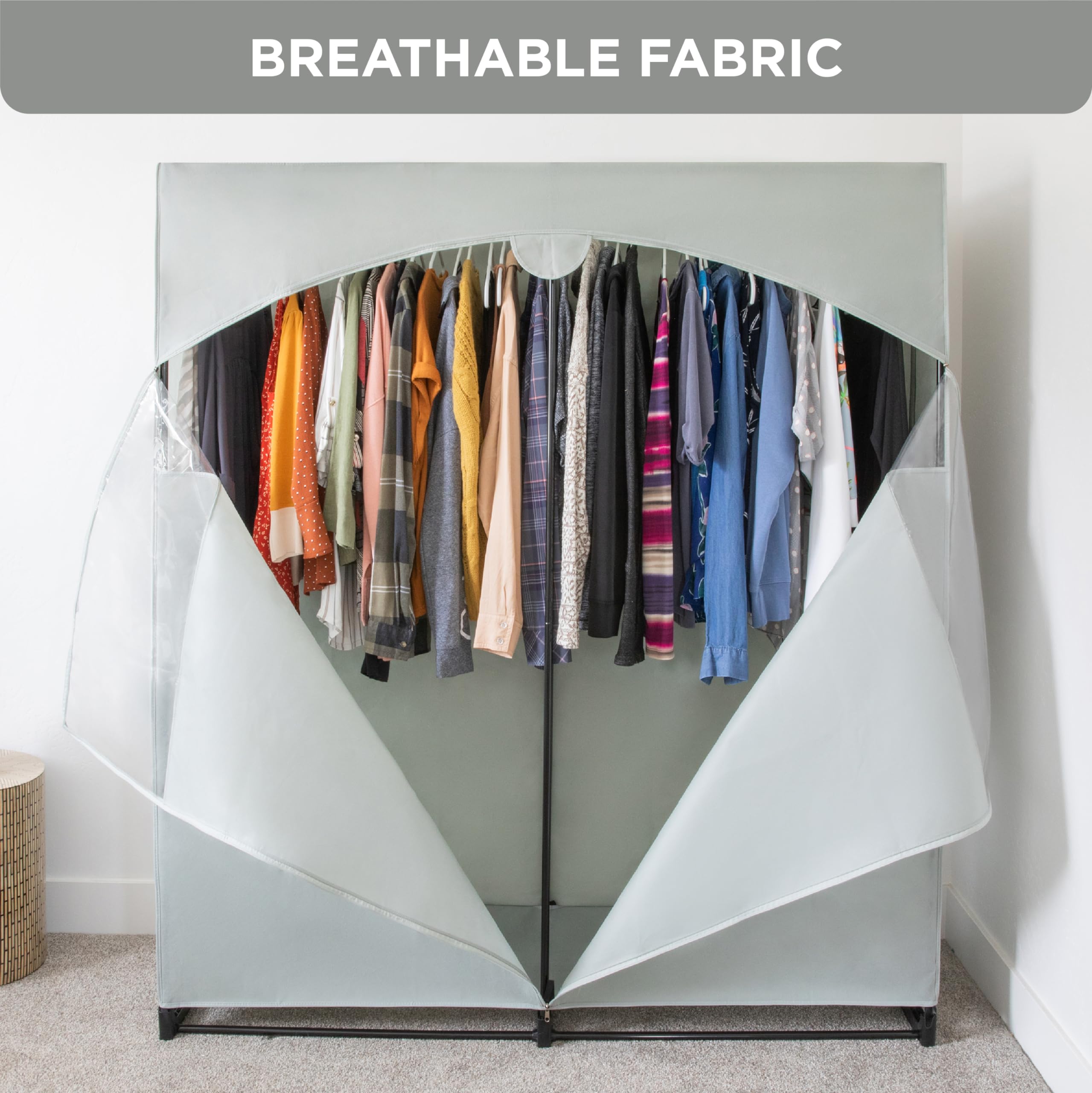 Premium Heavy Duty Portable Wardrobe Closet with Metal Hanging Rod & Gray Cover - 50 LB Capacity - Easy No-Tool Assembly for Home, Dorm, Travel & Camping Storage Solutions