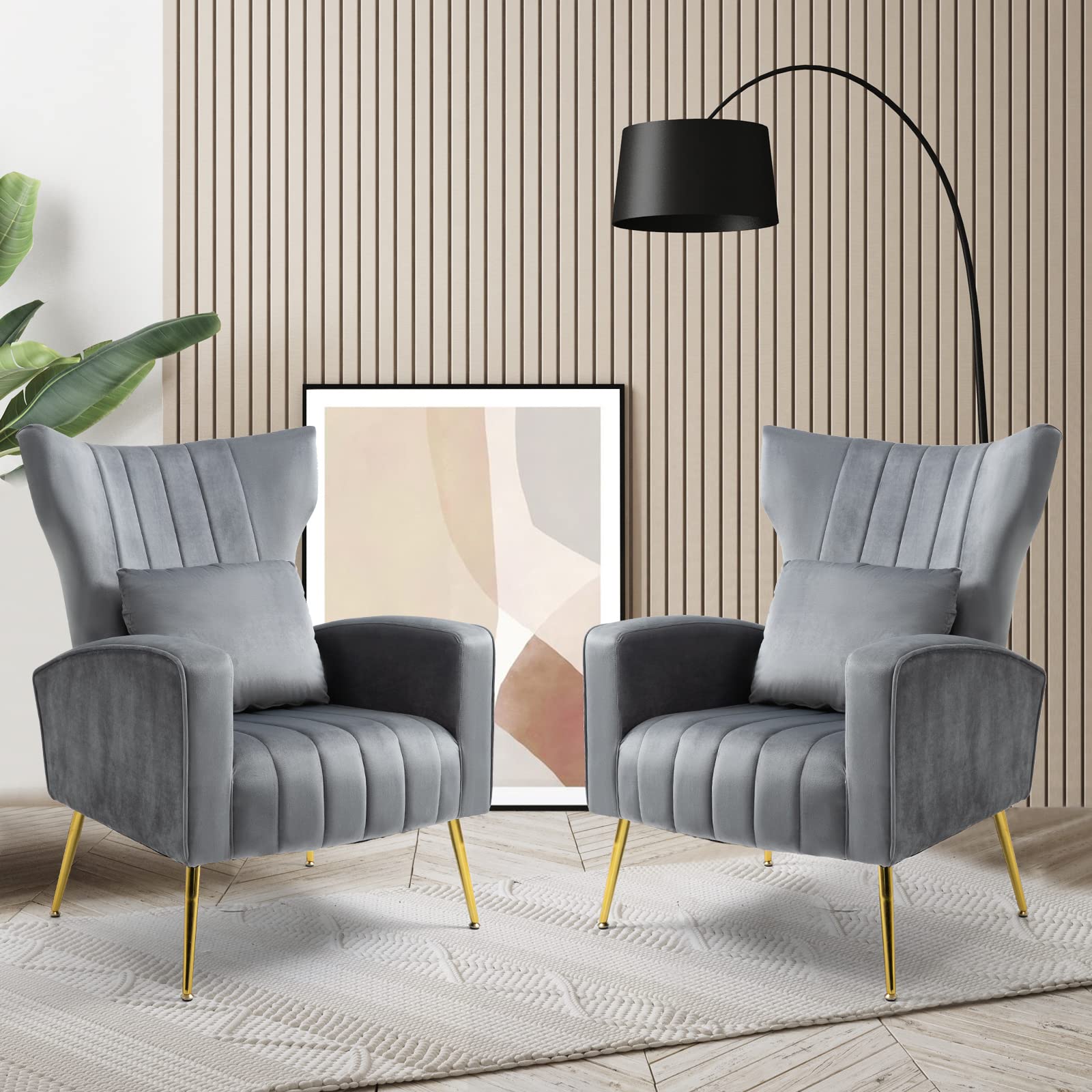 X-VOLSPORT Velvet Accent Chairs Set of 2 - Mid Century Modern High Back Living Room Chairs with Waist Pillow, Upholstered Armchairs with Gold Metal Legs - Perfect for Bedroom, Living Room, Club & Office Decor (Grey)