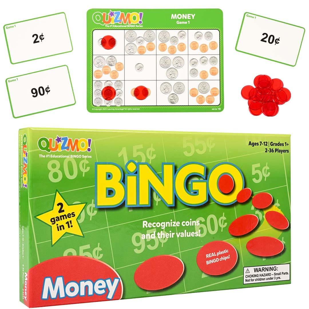 QUIZMO Money - Educational Bingo-Style Money Game for Kids Ages 7-12 - Learn Coin Recognition & Valuation with 2 Difficulty Levels - Perfect for Classroom Math Activities & Family Game Night