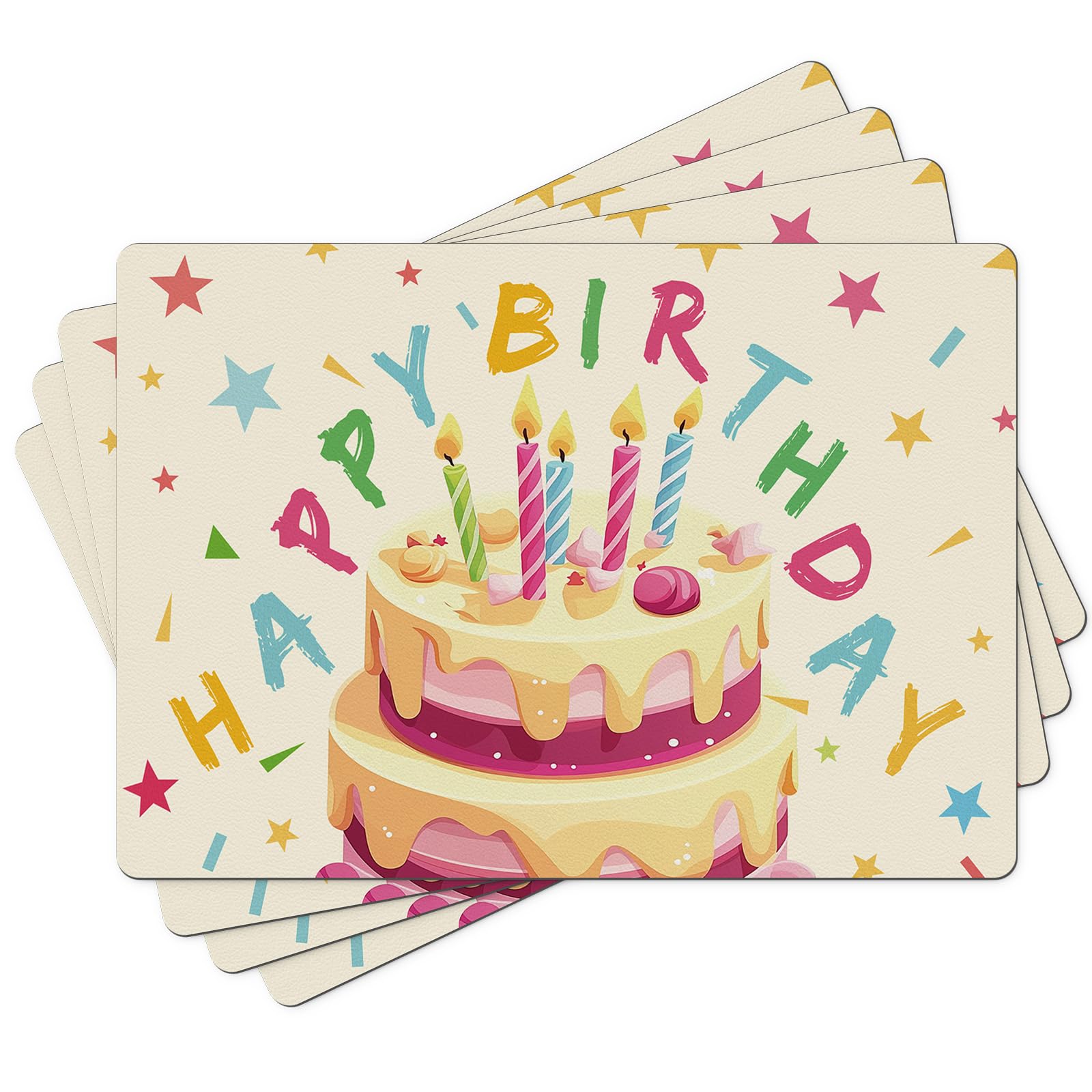 4-Pack Birthday Party Placemats - Faux Leather Table Mats for Indoor/Outdoor Use | Washable, Non-Slip & Heat Resistant | Perfect for Birthday Celebrations, Kitchen Dining, and Outdoor Gatherings