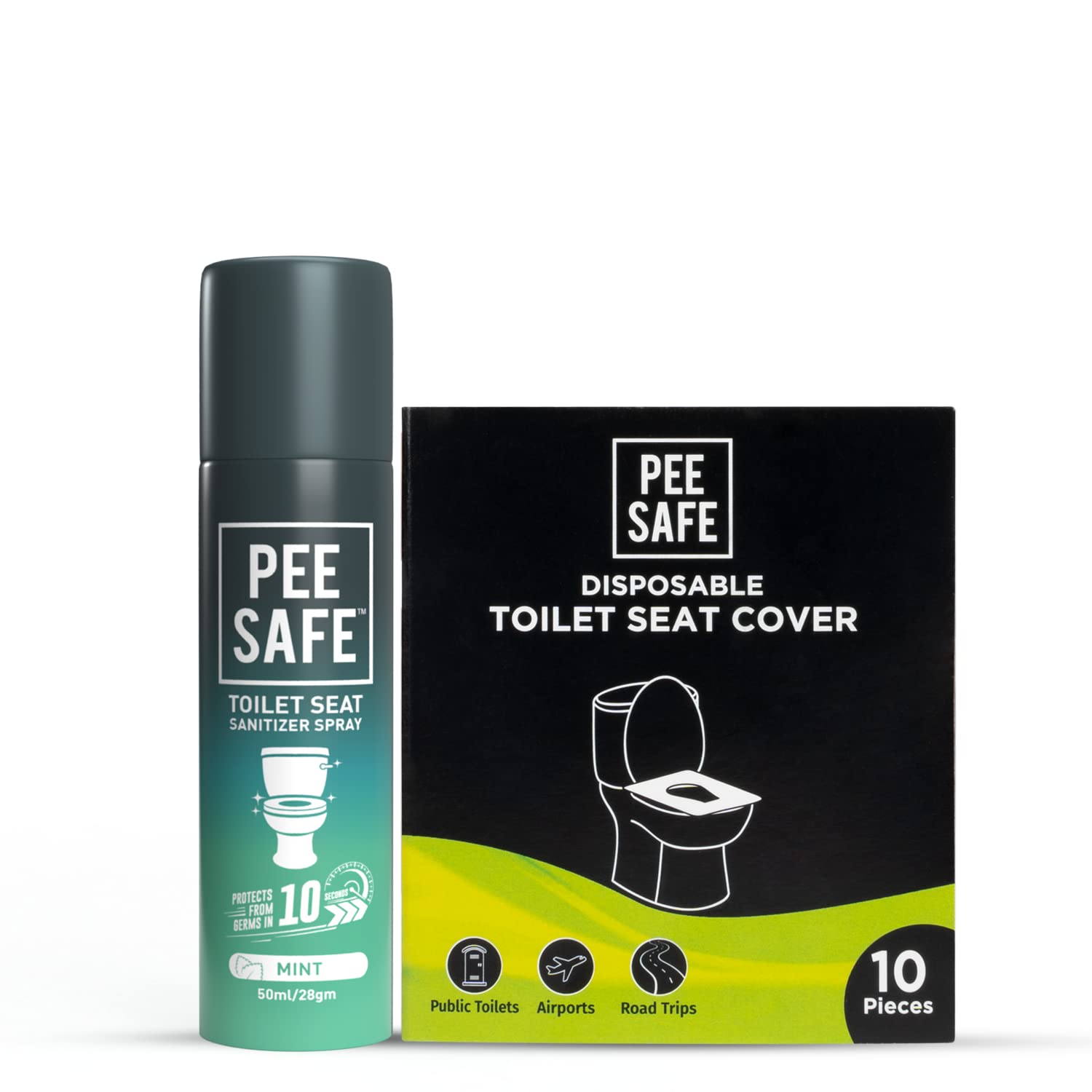 PEESAFE Women's Toilet Hygiene Kit - Mint Scented Toilet Seat Sanitizer Spray (50ml) & Disposable Toilet Seat Covers (10 Pack) | Germ Protection | Portable Travel Essentials for Public Restrooms, Airports & Camping Trips