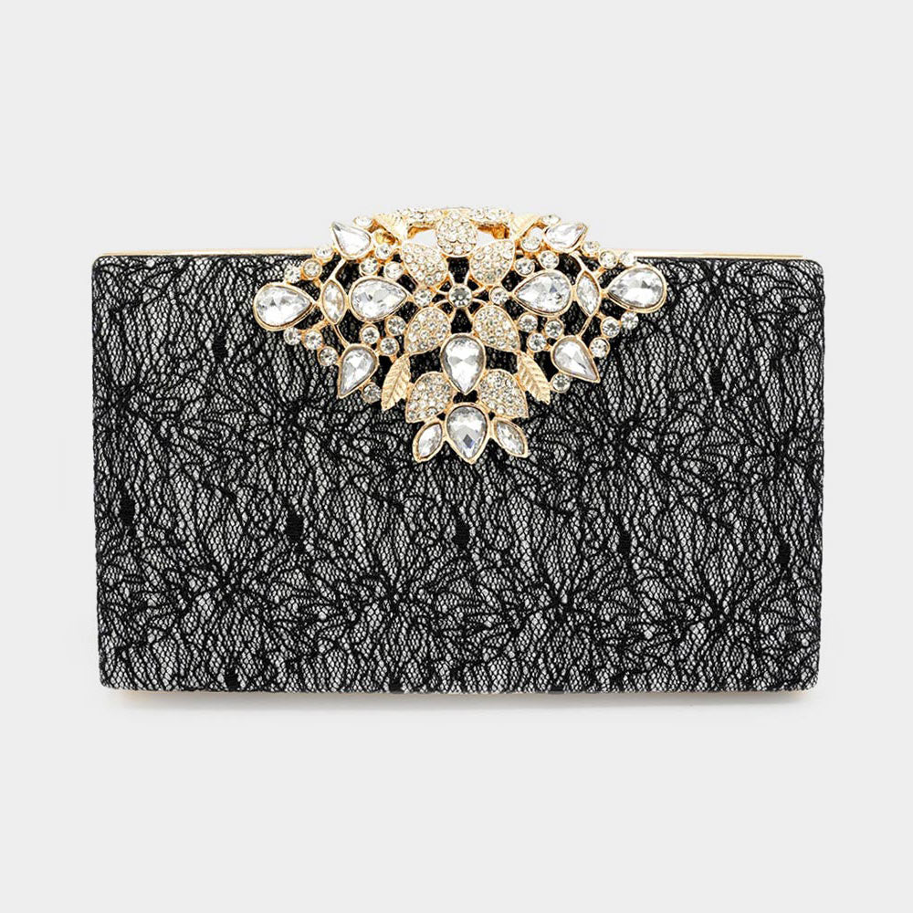 Elegant Black Floral Stone Embellished Glitter Evening Clutch Crossbody Bag for Women - Perfect for Parties, Weddings & Special Occasions