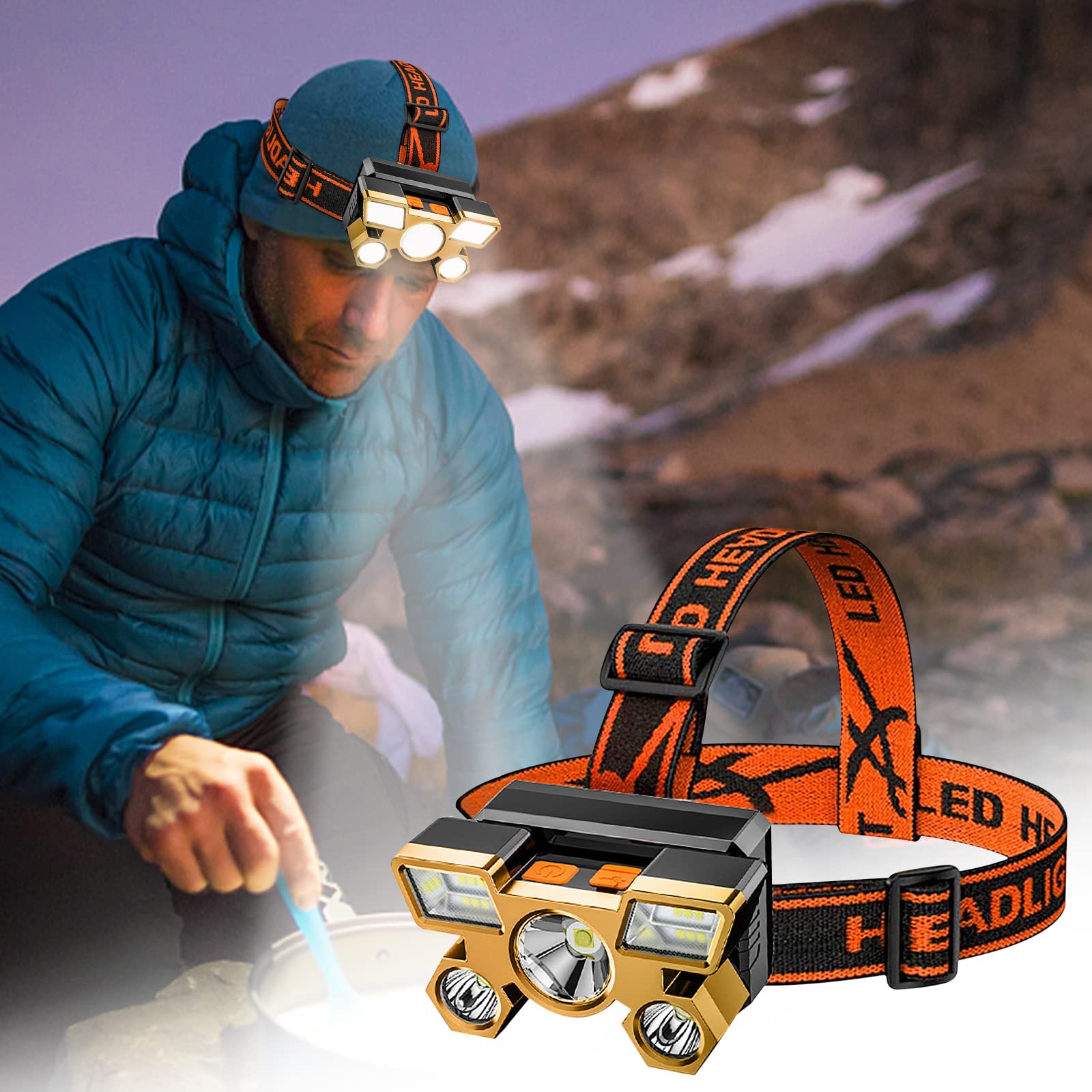 Rechargeable LED Headlamp - Waterproof High Power 5 LED Super Bright Headlight for Hiking, Night Fishing, Camping & Outdoor Activities | Perfect for Hands-Free Lighting in Dark Environments