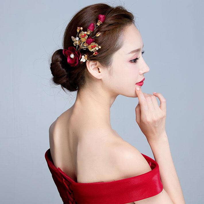 2 Pieces Wine Red Silk Hair Flower Clips - Elegant Hair Accessories for Women & Girls, Perfect for Weddings, Parties, Prom & Special Occasions