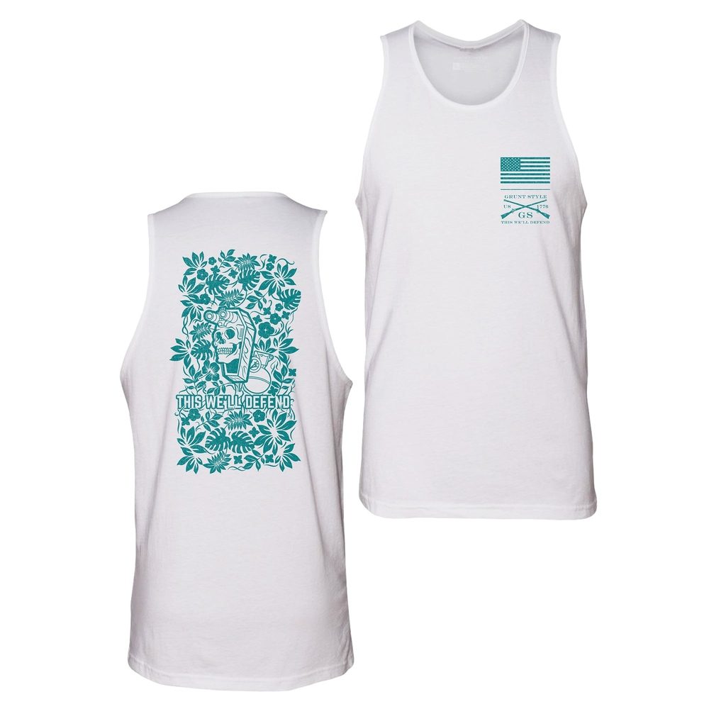 Tropical Death Aqua Tank - White | Trendy Graphic T-Shirt for Men & Women | Perfect for Beach, Vacation & Summer Outfits