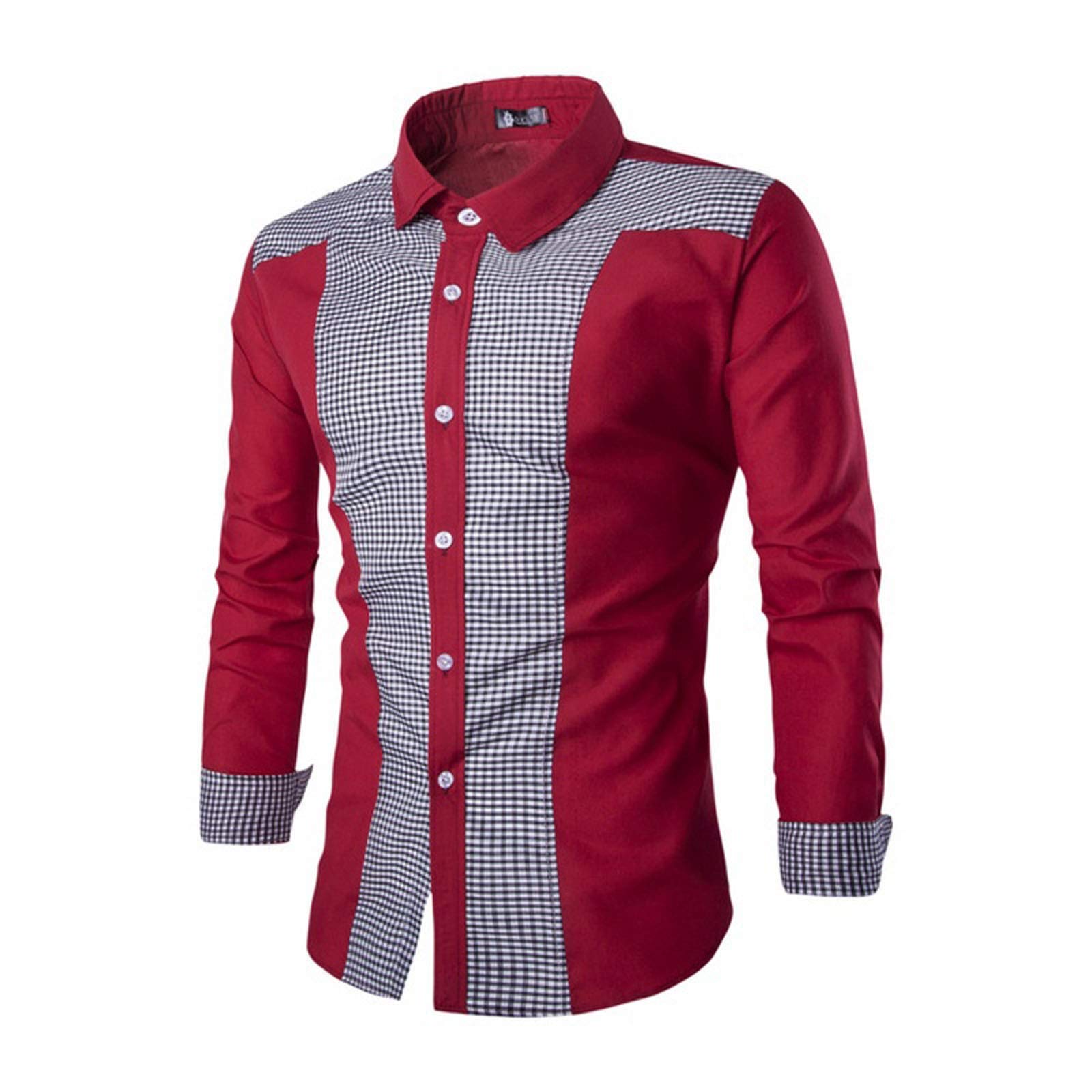 Men's Plaid Color-Block Patchwork Button Down Dress Shirts - Stand-Up Collar Long Sleeve Business Casual Tops for Tall Men | Office Wear, Date Night & Formal Occasions