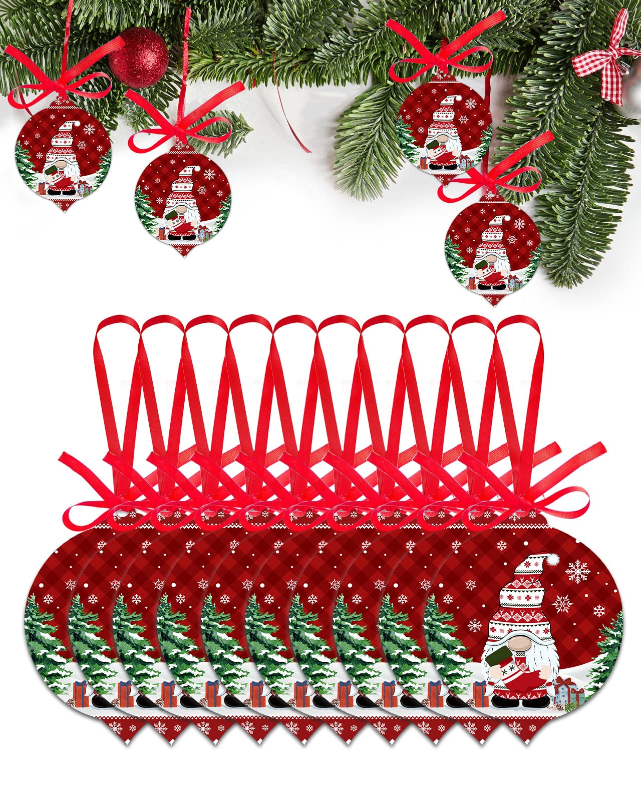 Festive Christmas Gnome Tree Socks & Ceramic Ornaments Set - 10pcs Farmhouse Holiday Decor with Snowflake Plaid Red Two-Side Print - Perfect for Xmas Tree Decorations, Gift Giving & Cozy Winter Home Decor