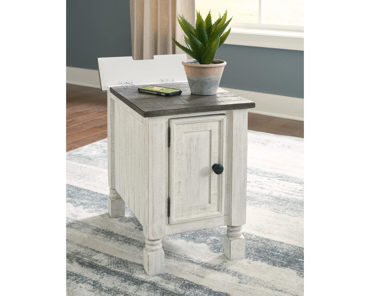 Signature Design by Ashley Havalance French Country Chair Side End Table - White & Gray Distressed Finish - Perfect for Living Room, Bedroom, or Office Accent Table