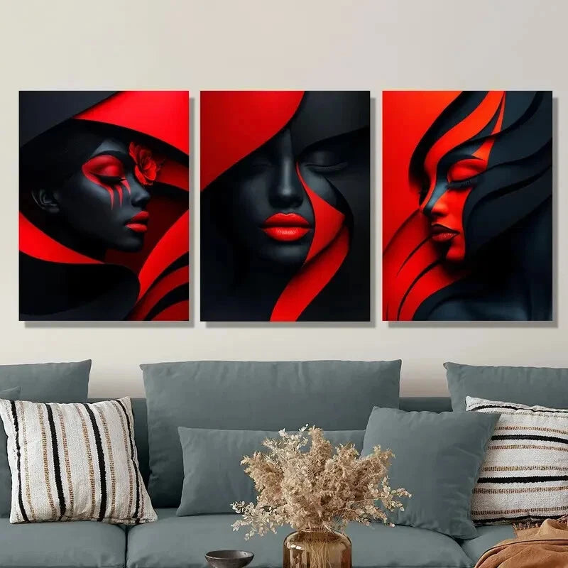 3Pcs Geometric Red Makeup Poster - Metal Print Wall Art Ready to Hang | Modern Home Decor for Living Room, Bedroom & Office