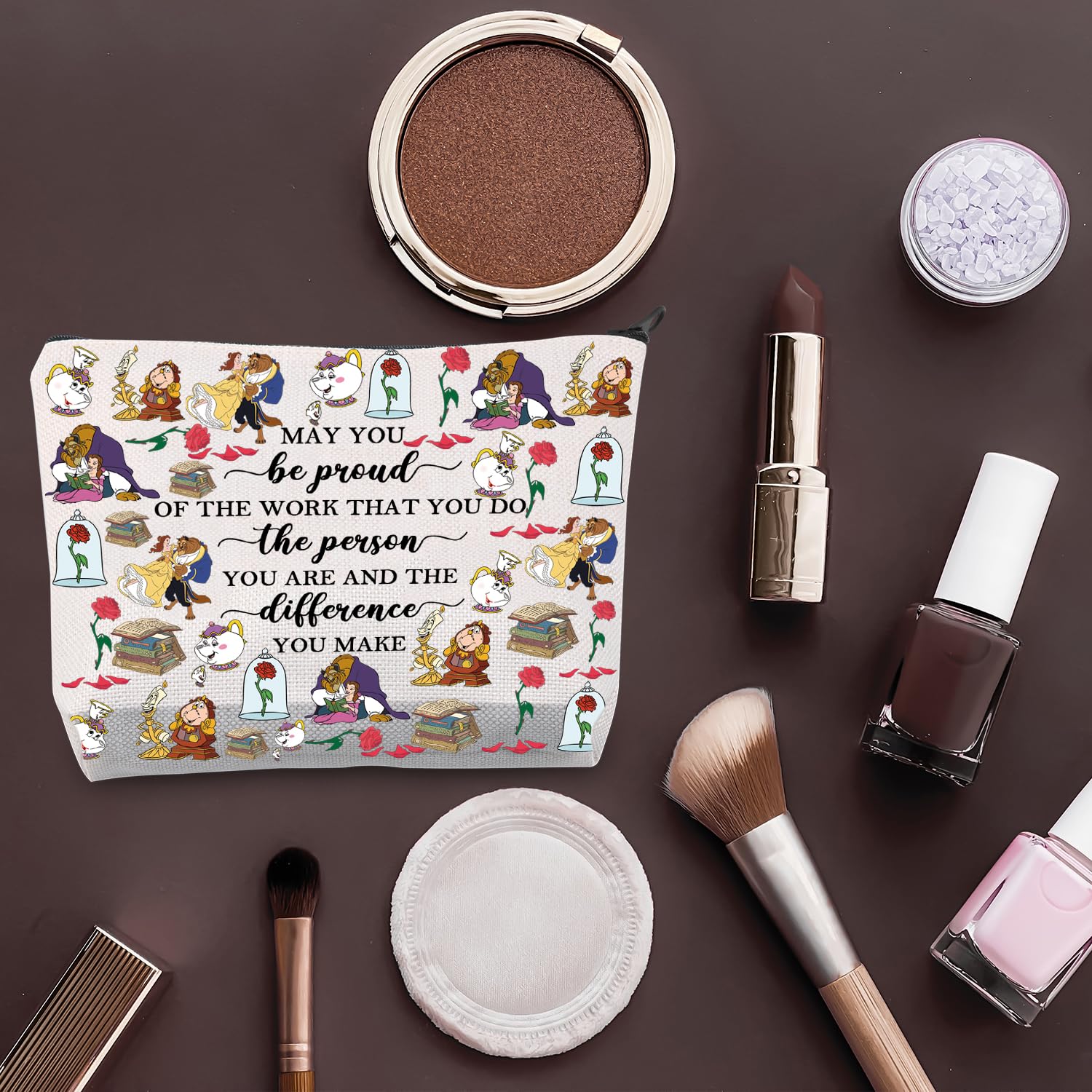 Disney Princess Belle Inspired Makeup Bag - Motivational Quote 'May You Be Proud' Beauty Travel Cosmetic Pouch - Perfect Gift for Women, Girls & Disney Fans (Be Proud Beauty Bag) - Ideal for Travel, Work & Daily Makeup Organization