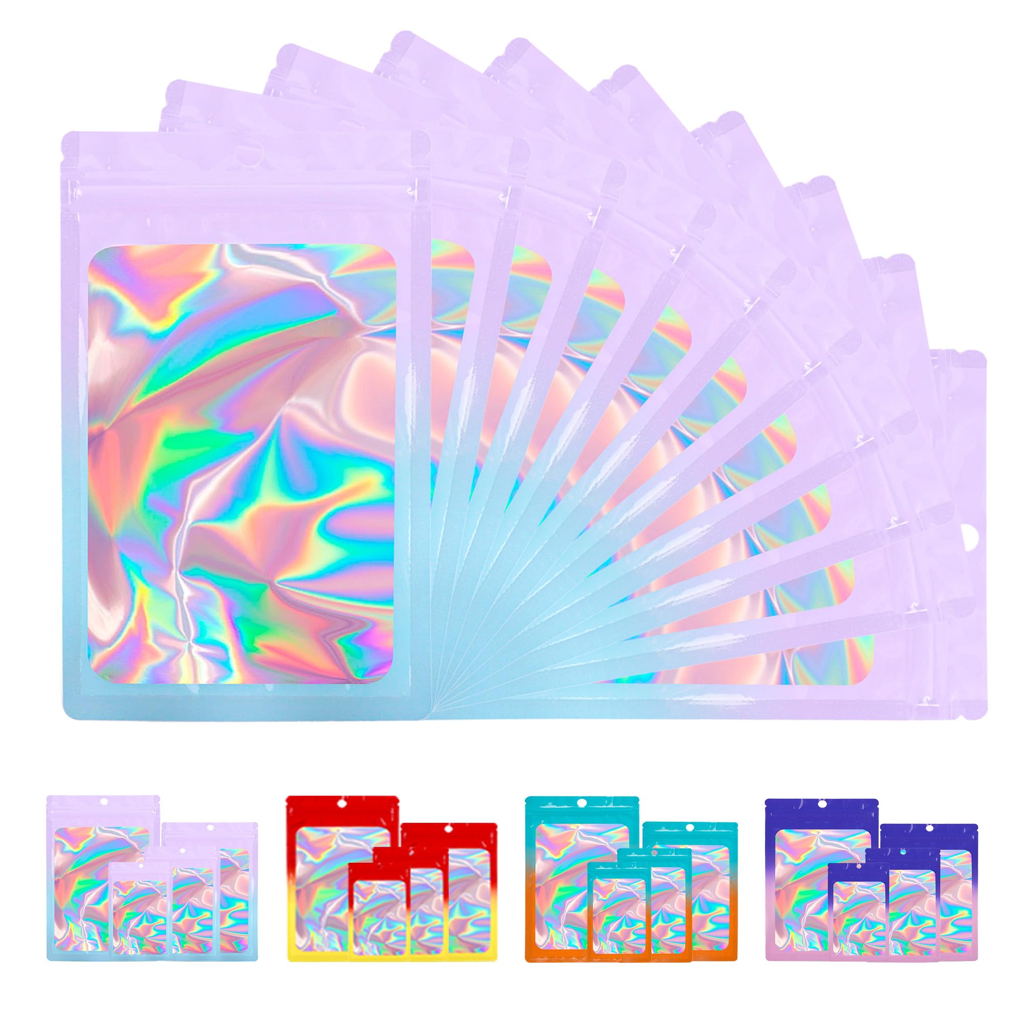 100 PCS Holographic Mylar Bags with Clear Window - Resealable Smell Proof Food Storage Bags for Candy, Snacks & Party Favors | Gradient Foil Packaging Bags (Purple Blue 2.4