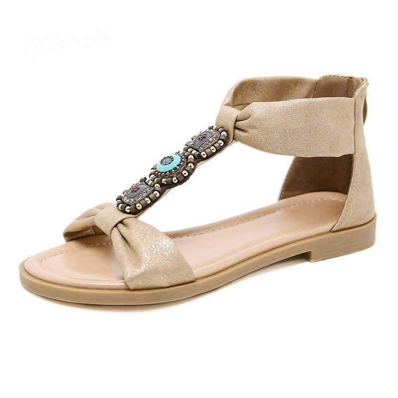 EastMetal Women's Gladiator Sandals - Flat Bohemian Summer Beach Sandals with Rhinestone Decor, Soft Anti-Skid Sole, Open Toe Design for Women (Beige, Size 10) | Perfect for Vacation, Walking, and Casual Outfits