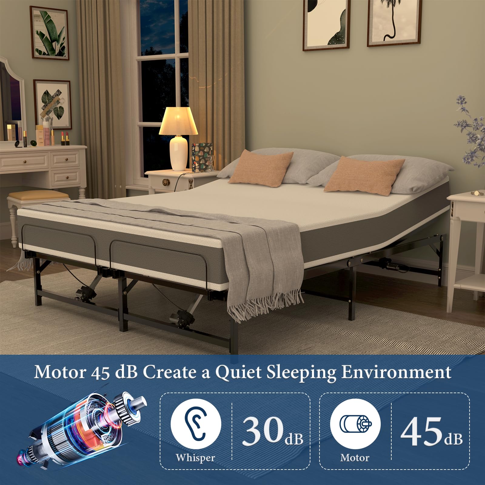Queen Size Adjustable Bed Frame with Remote Control - 4 Quiet Motors for Head & Leg Adjustment, Reduces Snoring & Pain Relief - Perfect for Home, Hospital & Recovery Use
