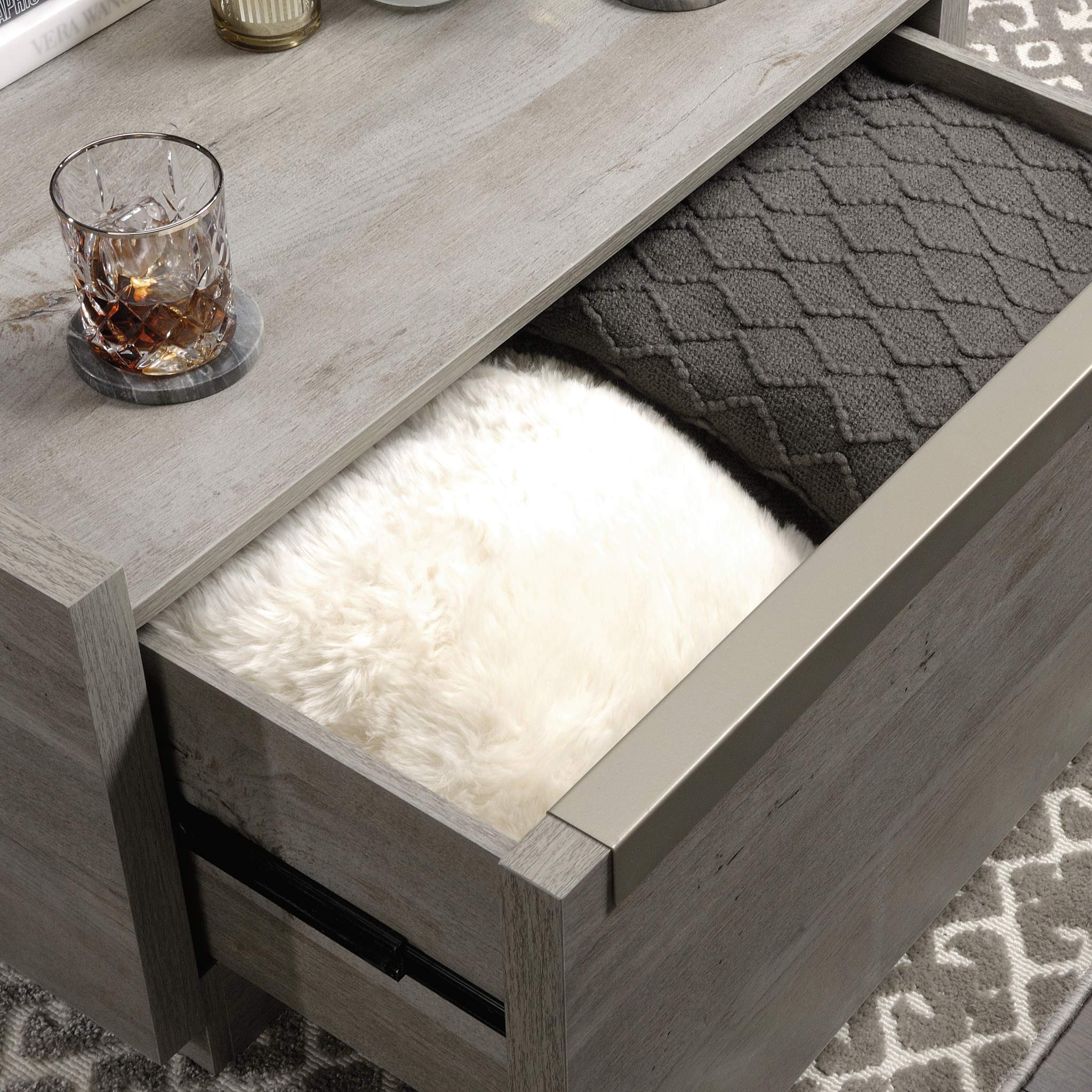 Modern Farmhouse Coffee Table - Sauder Manhattan Gate, Mystic Oak, 2 Drawers for Living Room