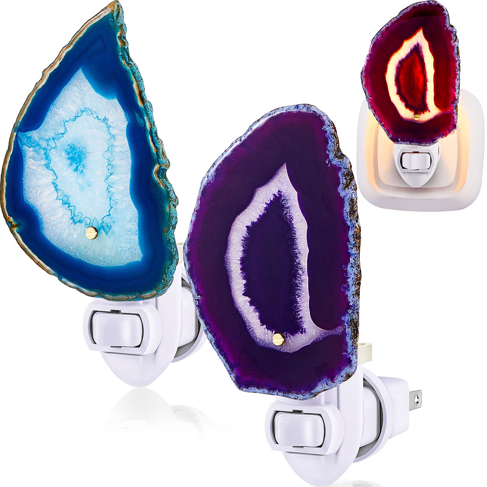 Funtery 2-Pack Agate Slice Night Light - Plug-in Crystal LED Lamp with On/Off Switch for Hallway, Stairway, Bedroom, Kitchen & Bathroom - Blue Purple Agate Stone Decor for Home & Office