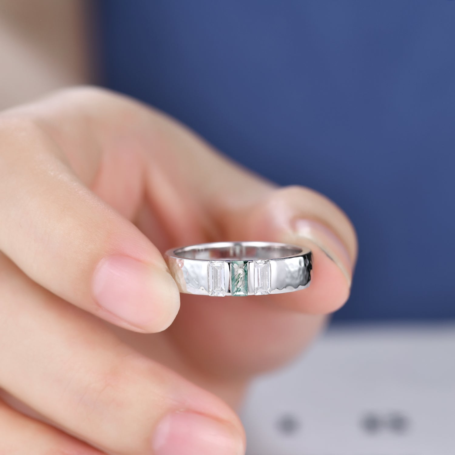 Men's 5mm Hammered White Gold Wedding Band with Three Stones - Perfect for Engagement, Anniversary, and Everyday Wear