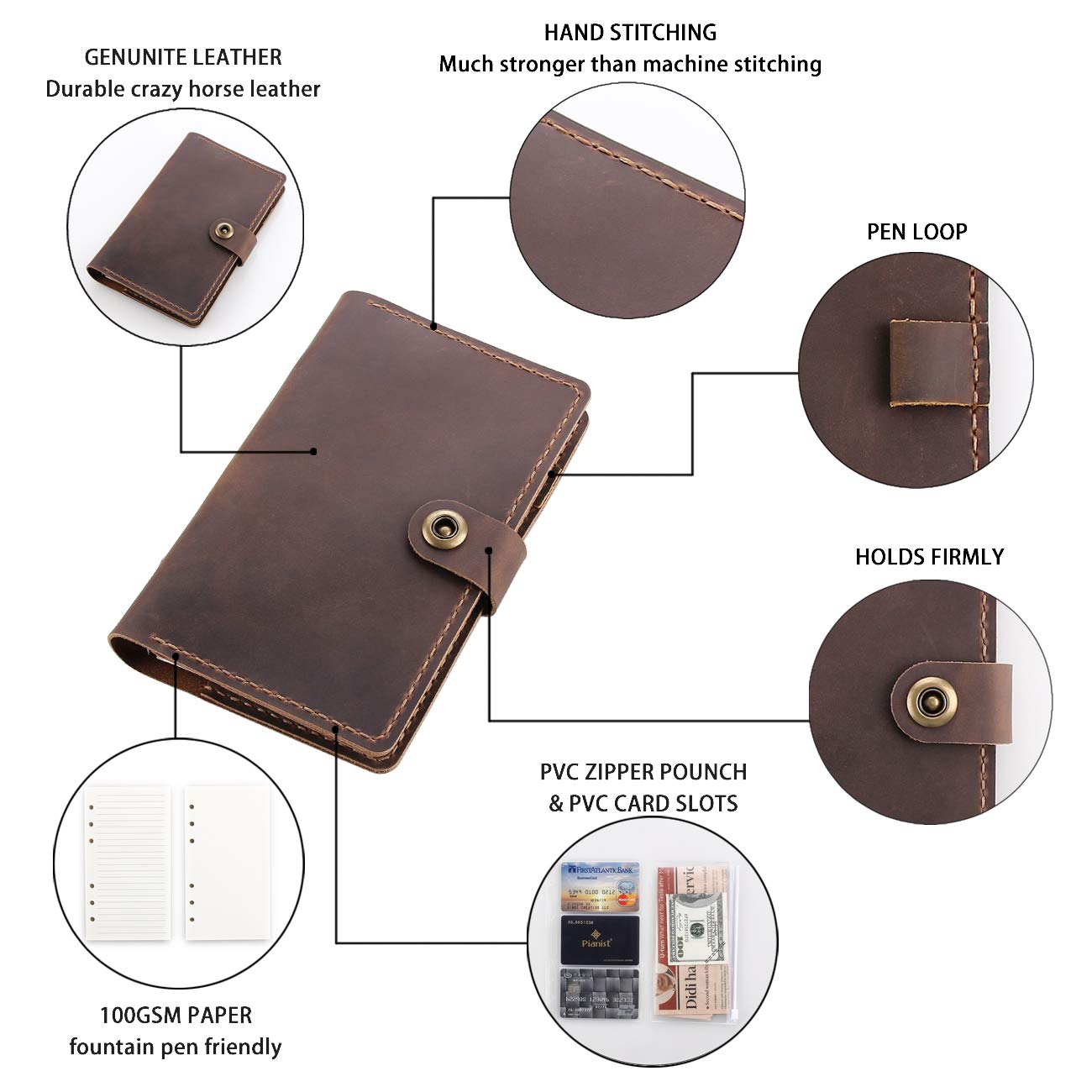Handmade Genuine Leather Refillable Journal Notebook - A6 Size 6-Ring Binder Diary with Spiral Design, Brown Traveler Notebook for Writing & Sketching | Perfect Gift for Writers, Artists & Travel Enthusiasts
