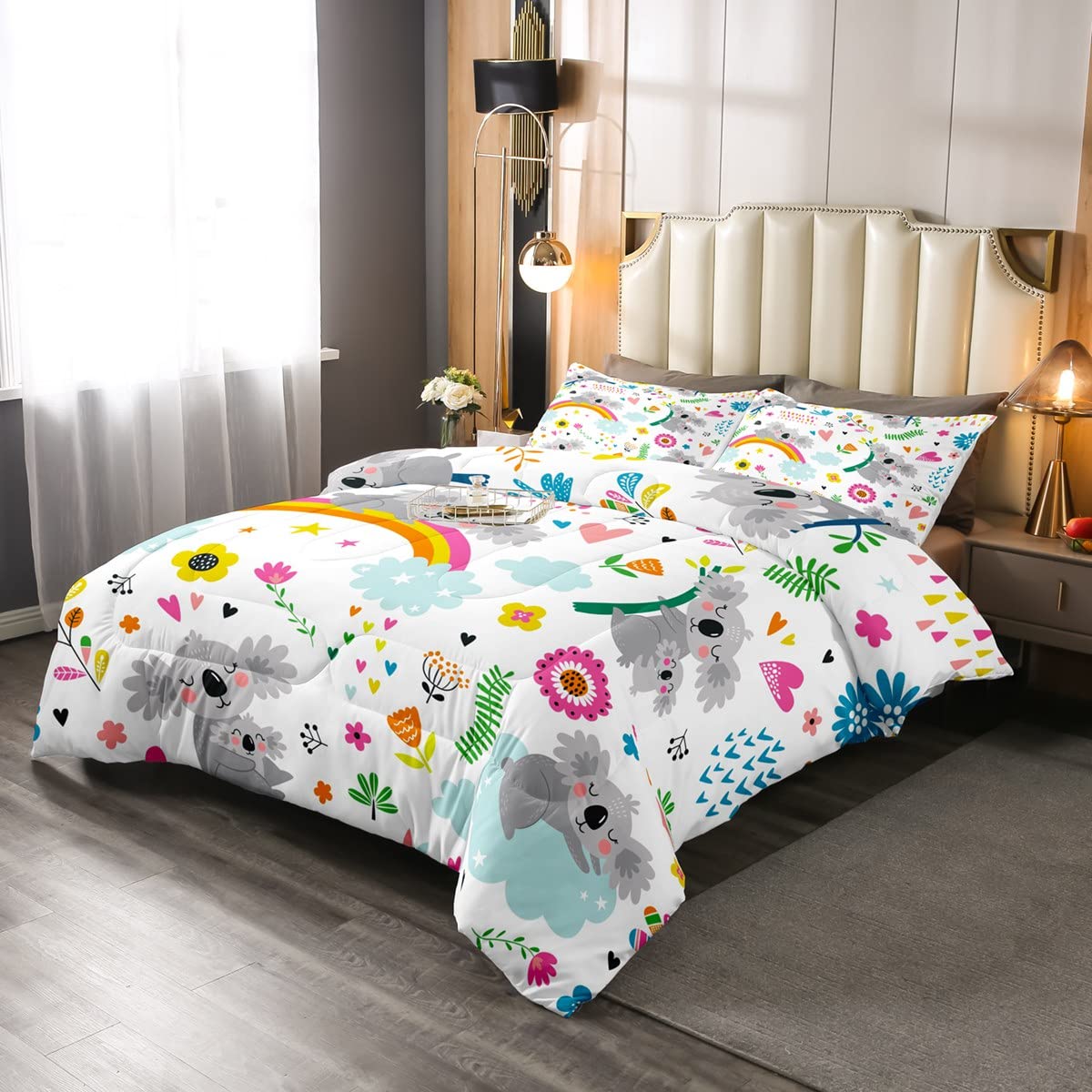 **Koala Safari Animal Kids Bedding Set - Full Size Comforter with 2 Pillowcases, Cute Cartoon Rainbow Design for Boys & Girls - Perfect for Nursery, Bedroom Decor & Gift**