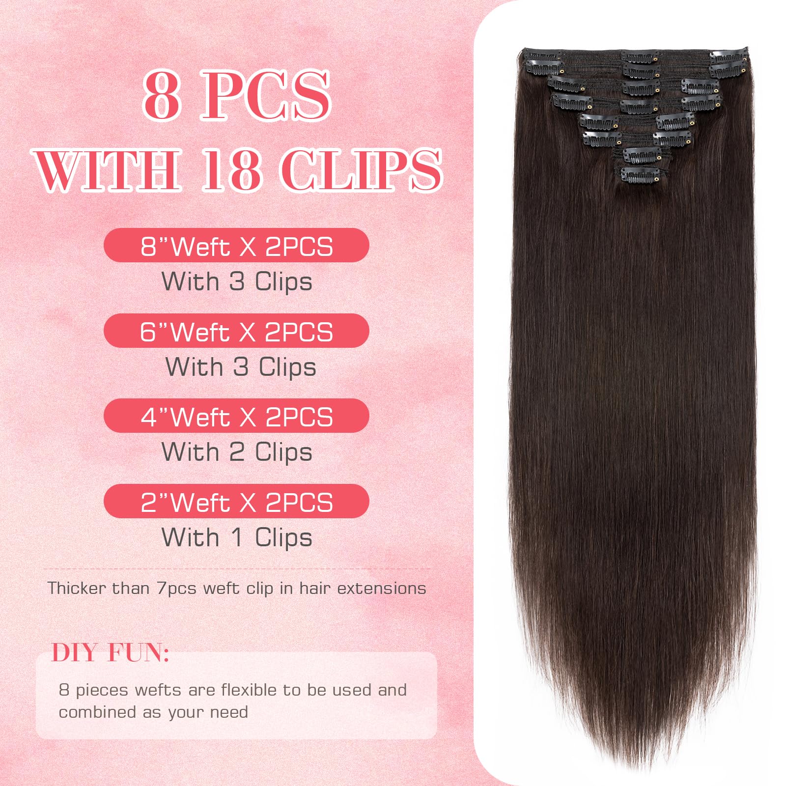 S-noilite Clip in Hair Extensions 22 Inch Dark Brown - 100% Remy Human Hair, Double Weft, 8PCS (160g) #2 - Natural Straight Hair Extensions for Women | Perfect for Volume Boost, Length Extension & Special Occasions