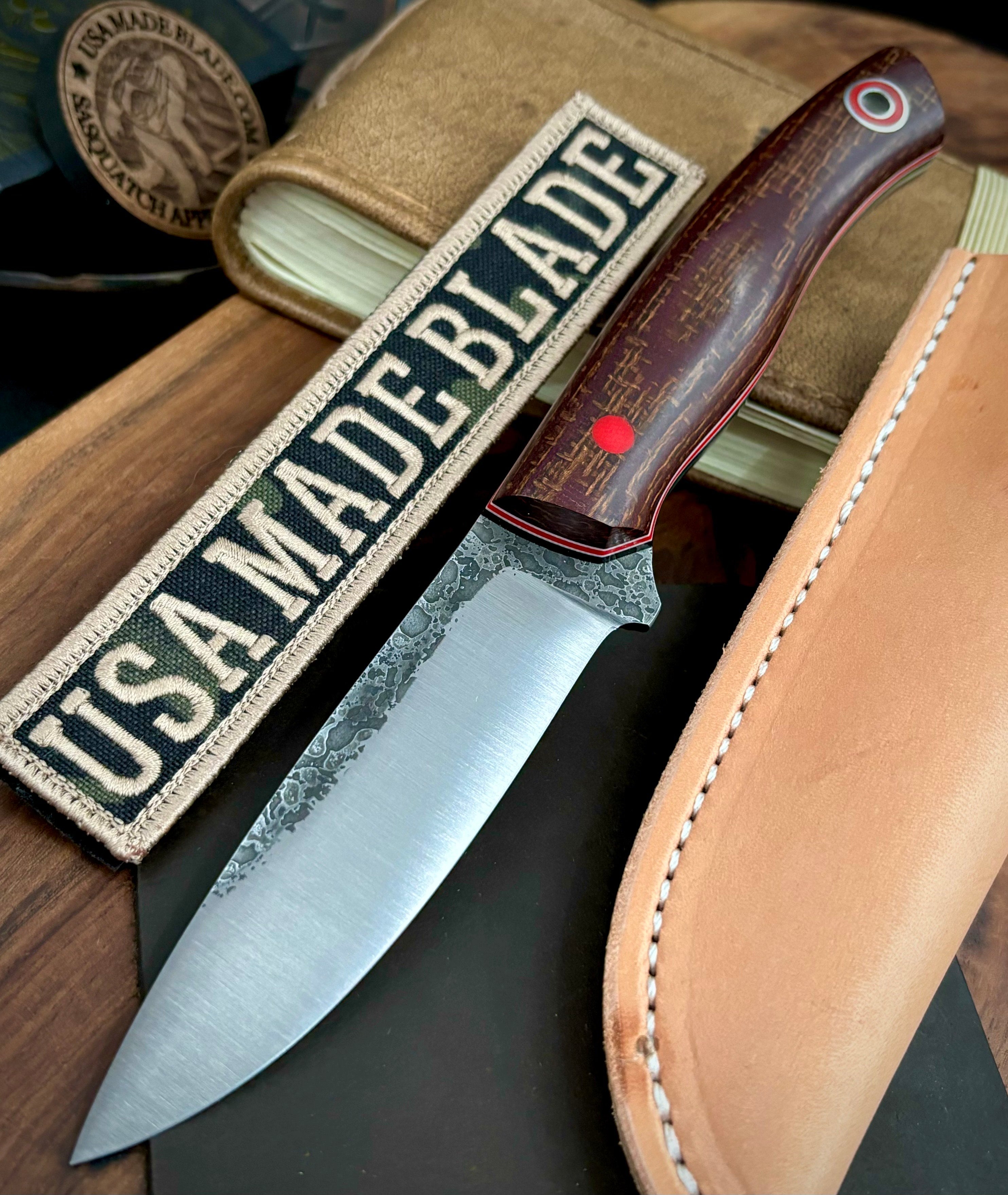 Fiddleback Forge Ladyfinger Knife - PB&J Burlap Handle with Black Liners & Red/White Pin Stripe - A2 Steel Blade - Perfect for Camping, Hunting, and Outdoor Adventures