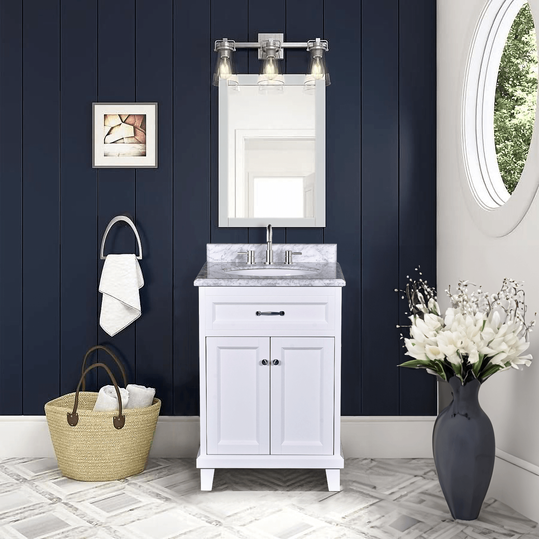 White Bathroom Vanity with Solid Wood Frame & Carrara Marble Top - 3 Size Options for Modern Bathroom Decor | Perfect for Master Bath, Guest Bath & Small Space Remodeling