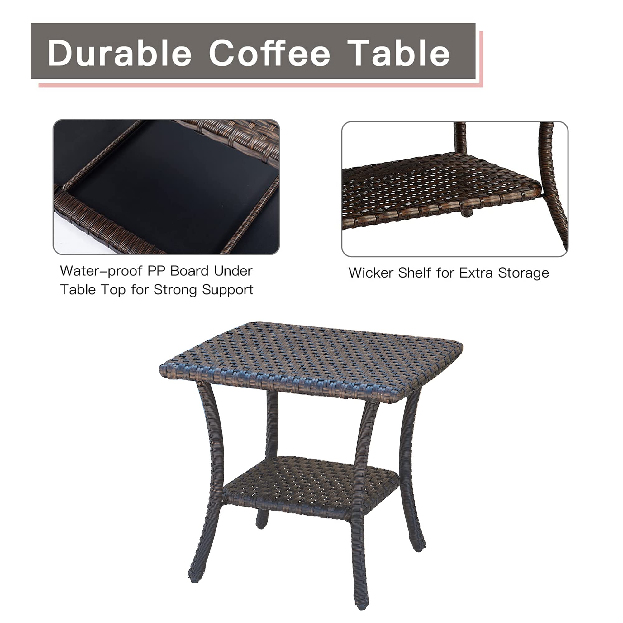 Wicker Coffee Table - Rattan End Table with 2-Tier Storage Shelf, Square Brown Patio Side Table for Outdoor & Garden Use - Perfect for Porch, Deck, and Poolside Relaxation