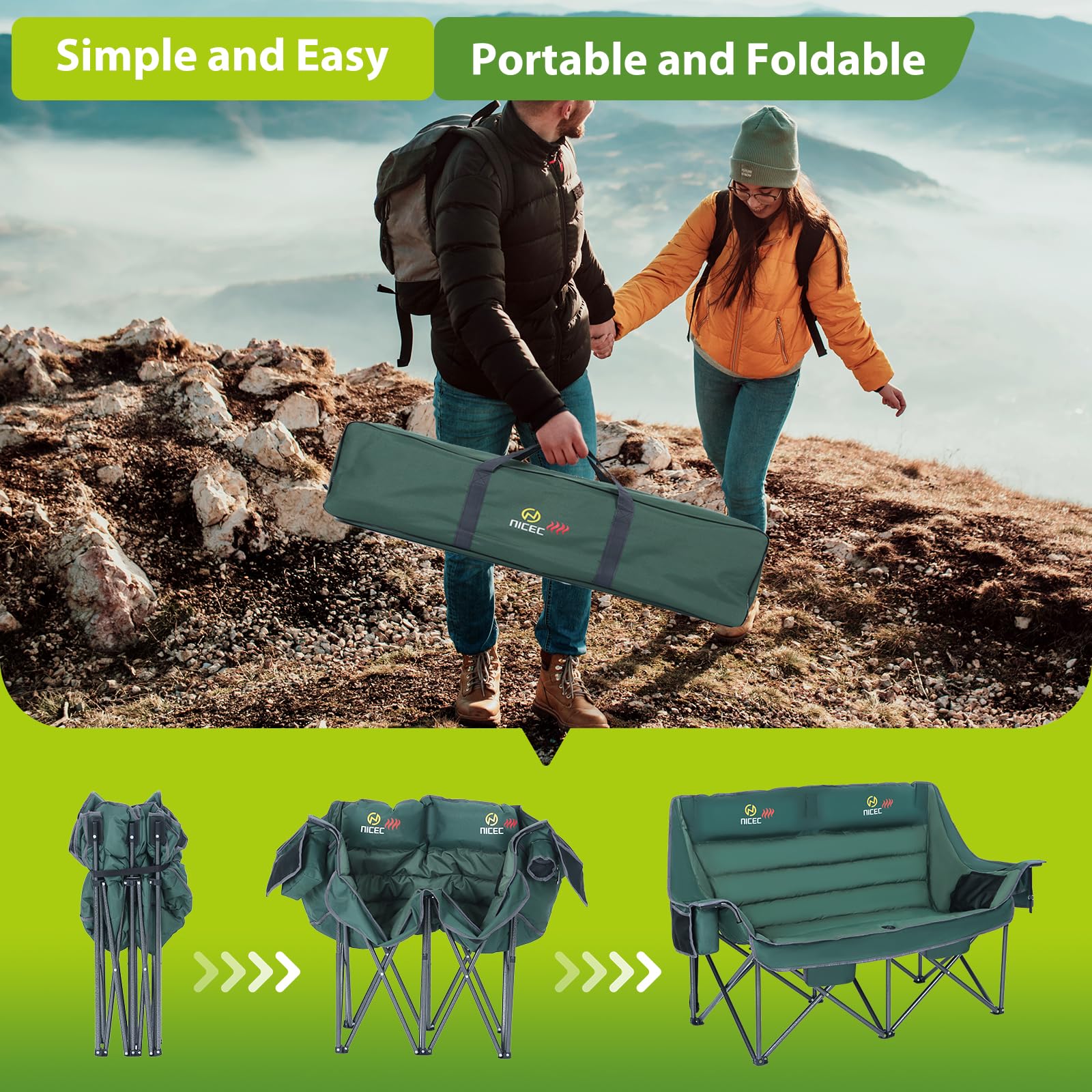 Premium Heated Camping Chair for Adults - Oversized Double Loveseat with Adjustable Heating & Extra Padding - Includes Insulated Cooler Bag - Perfect for Outdoor Camping, Backyard Relaxation & Winter Sports Events