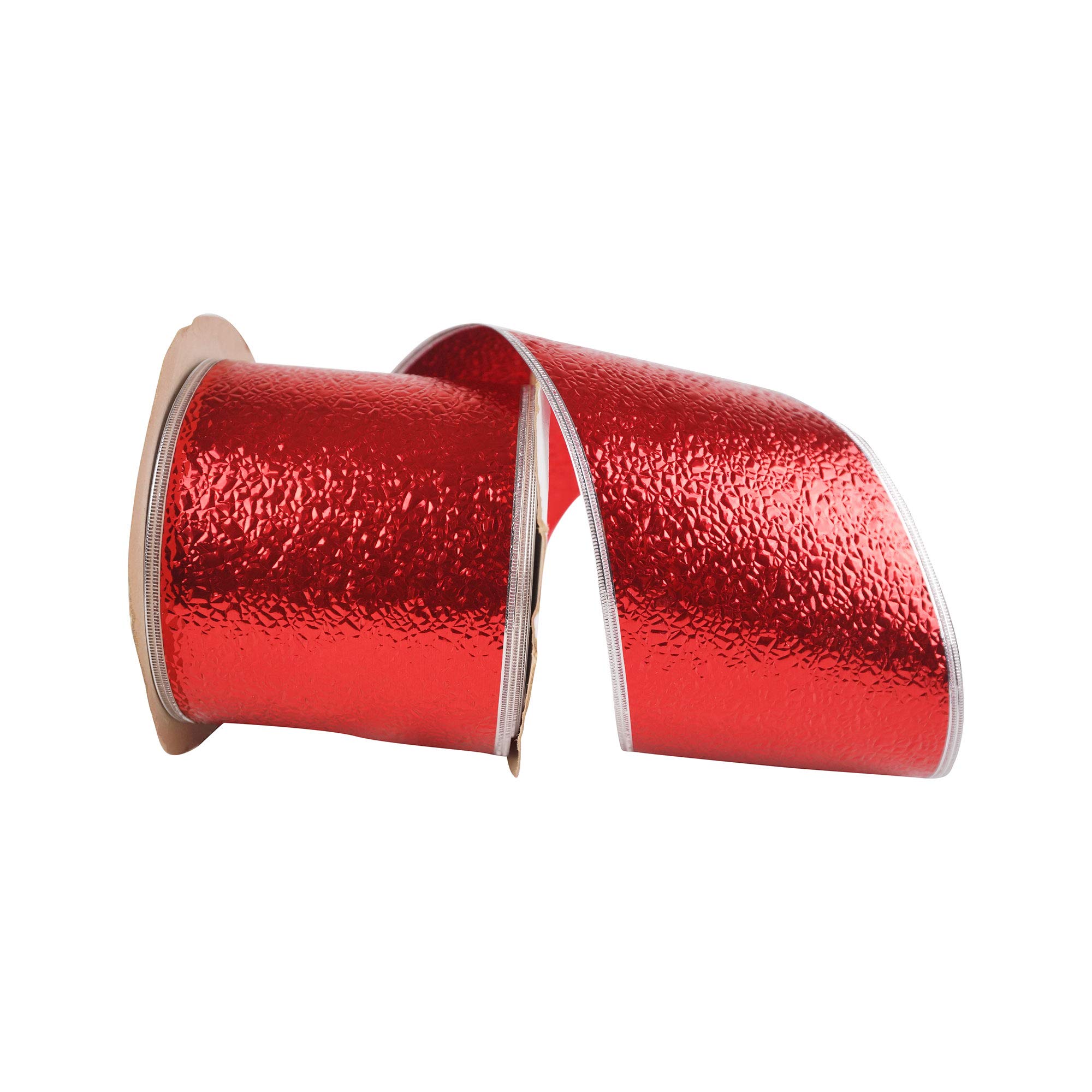 Reliant Ribbon Cracked Ice Display Wired Edge Ribbon - 4 Inch x 50 Yards, Red/Silver - Perfect for Gift Wrapping, Holiday Decorations, and Party Favors
