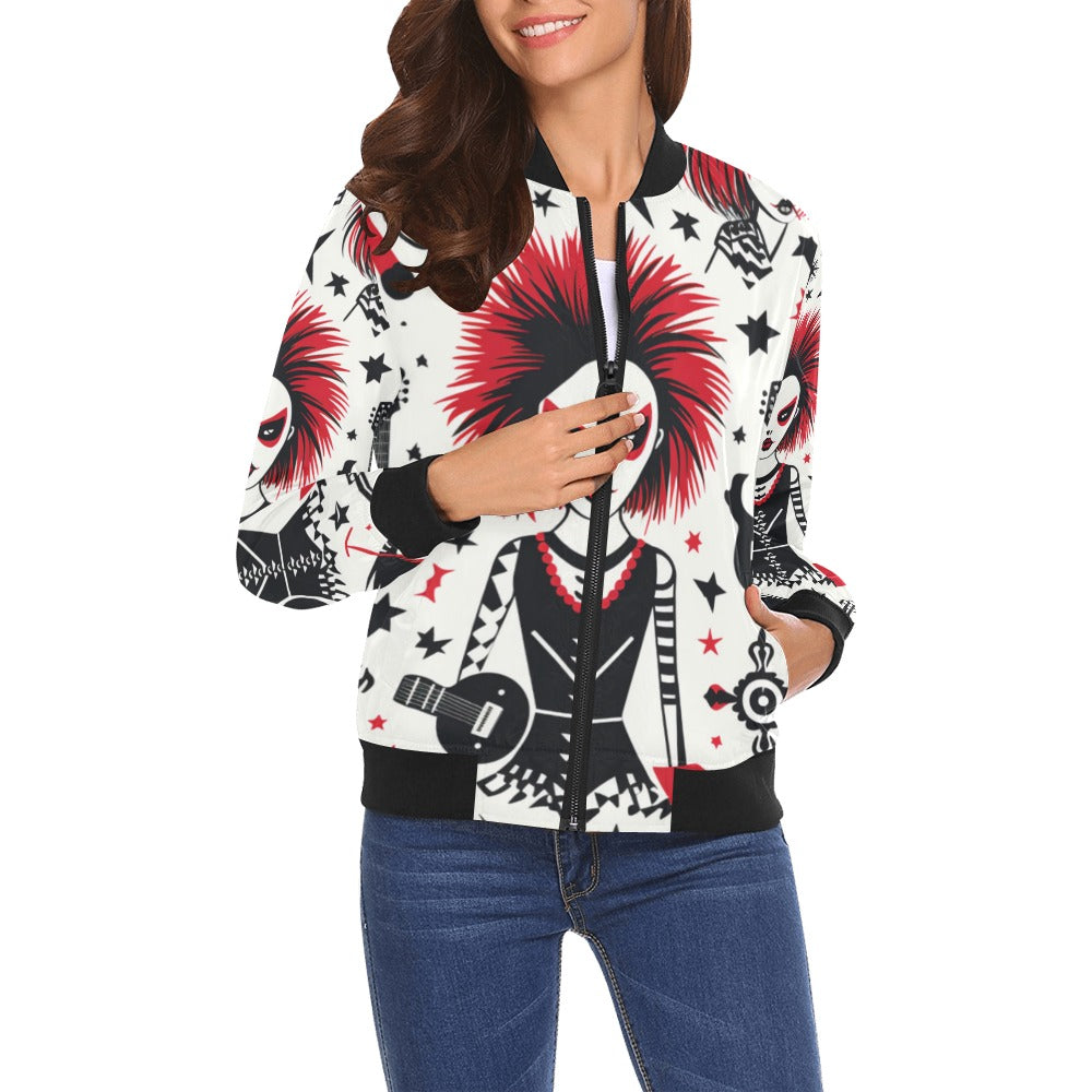 Punk Rock Girl Bomber Jacket - Vintage Distressed Leather Biker Jacket for Women, Edgy Rocker Style Outerwear (Perfect for Concerts, Festivals & Streetwear Fashion)