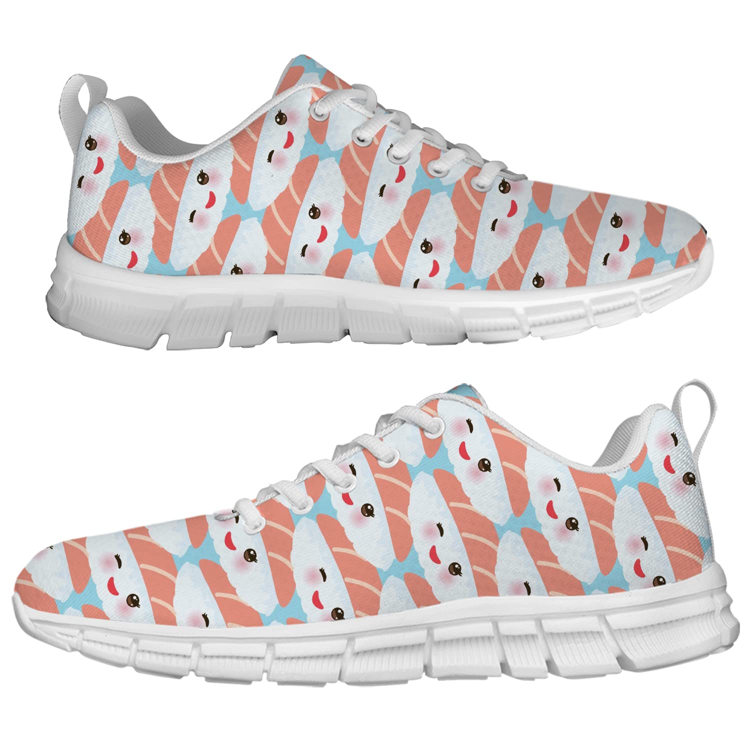 Japanese Sushi Themed Sneakers - Funny Maguro Toro Sushi Shoes for Men & Women - Comfortable Tennis Walking Shoes - Unisex Gifts for Boys, Girls & Adults - Men's Size 10.5, Women's Size 12 in White - Perfect for Cosplay, Anime Conventions & Foodie Fashion