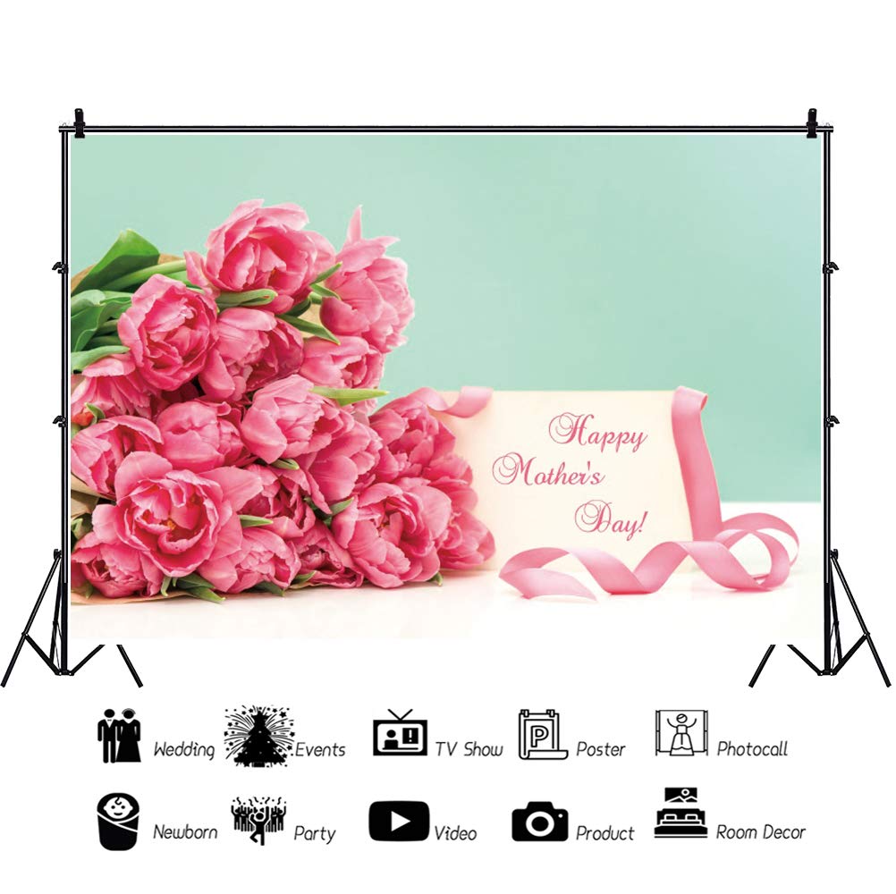 10x7ft Happy Mother's Day Backdrop - Spring Floral Bouquet with Pink Ribbon for Party Decorations | Photo Studio Background for Mother's Day Celebrations, Cake Tables & Wall Decor | Perfect for DIY Events, Baby Showers & Family Photos (3x22NBK40164)