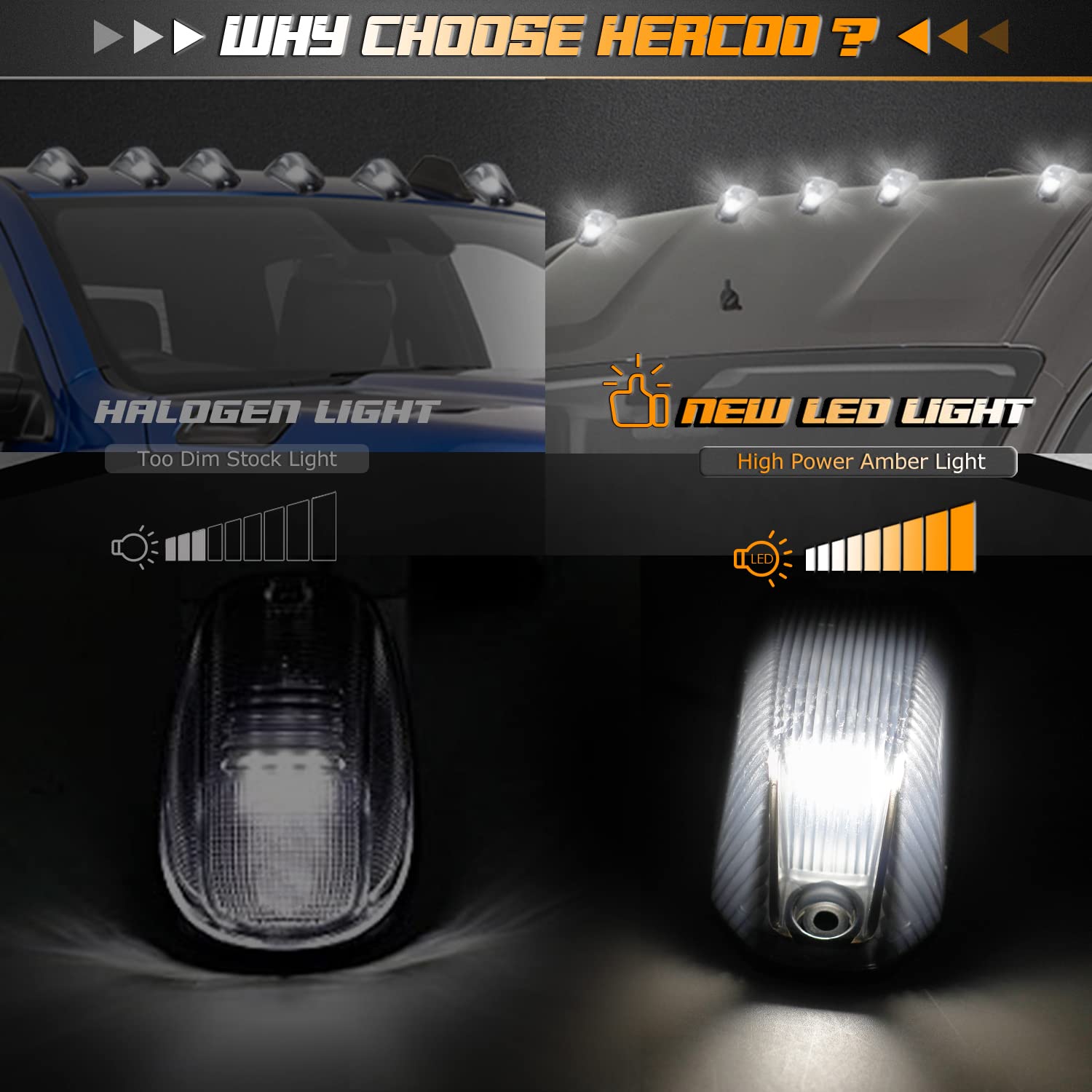 HERCOO 5PCS Clear Smoke Roof Cab Marker Lights Lens with White LED Bulbs - Replacement Running Lamps for Ram ProMaster 1500 2500 2015-2017 & Ram ProMaster 3500 2014-2022 - Enhanced Visibility for Night Driving & Truck Safety