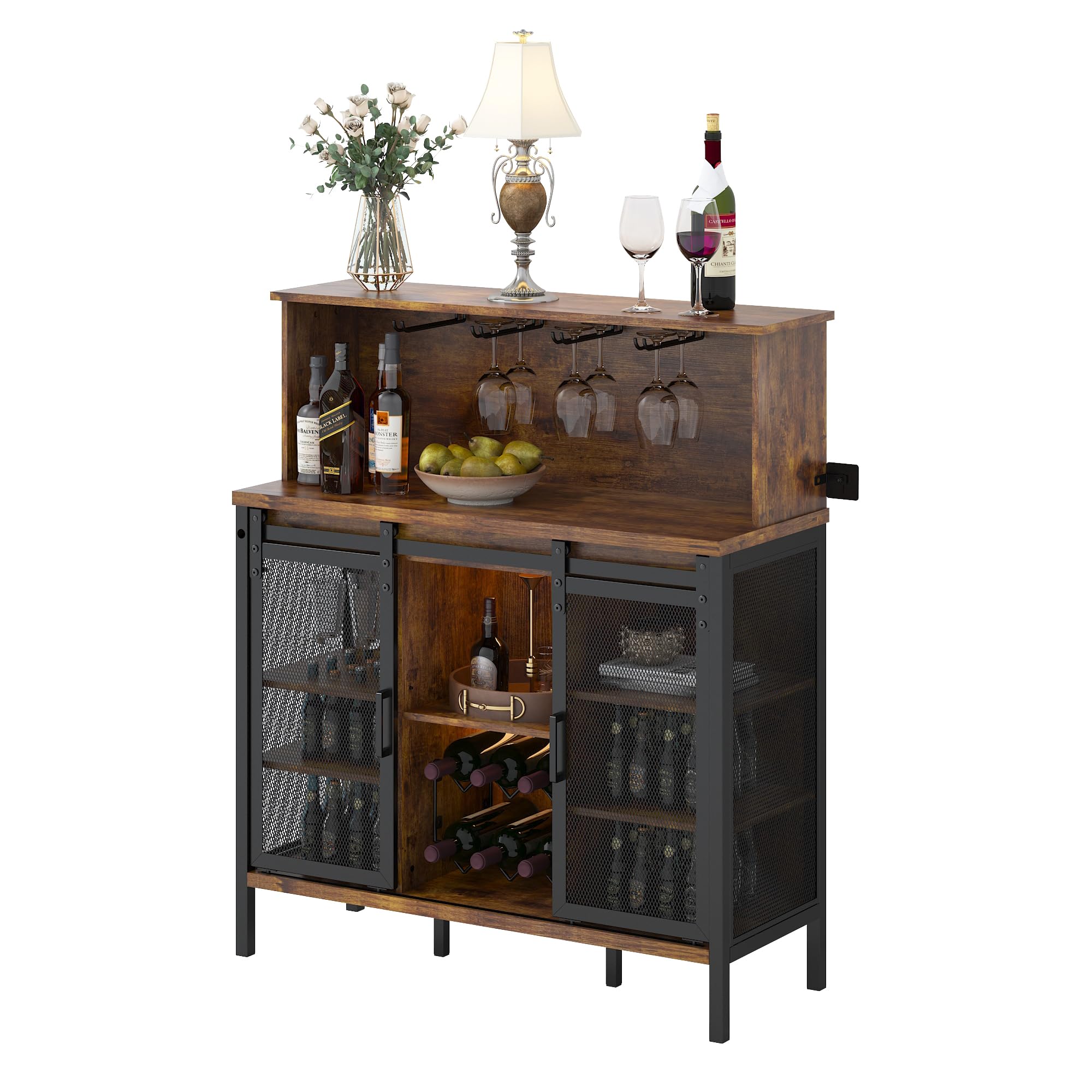 Rustic Brown Farmhouse Coffee & Wine Bar Cabinet with Sliding Barn Door - Buffet Storage Cabinet with Wine Rack, Glass Holder & LED Lighting for Kitchen, Living Room, Dining Room - Perfect for Entertaining Guests & Home Decor