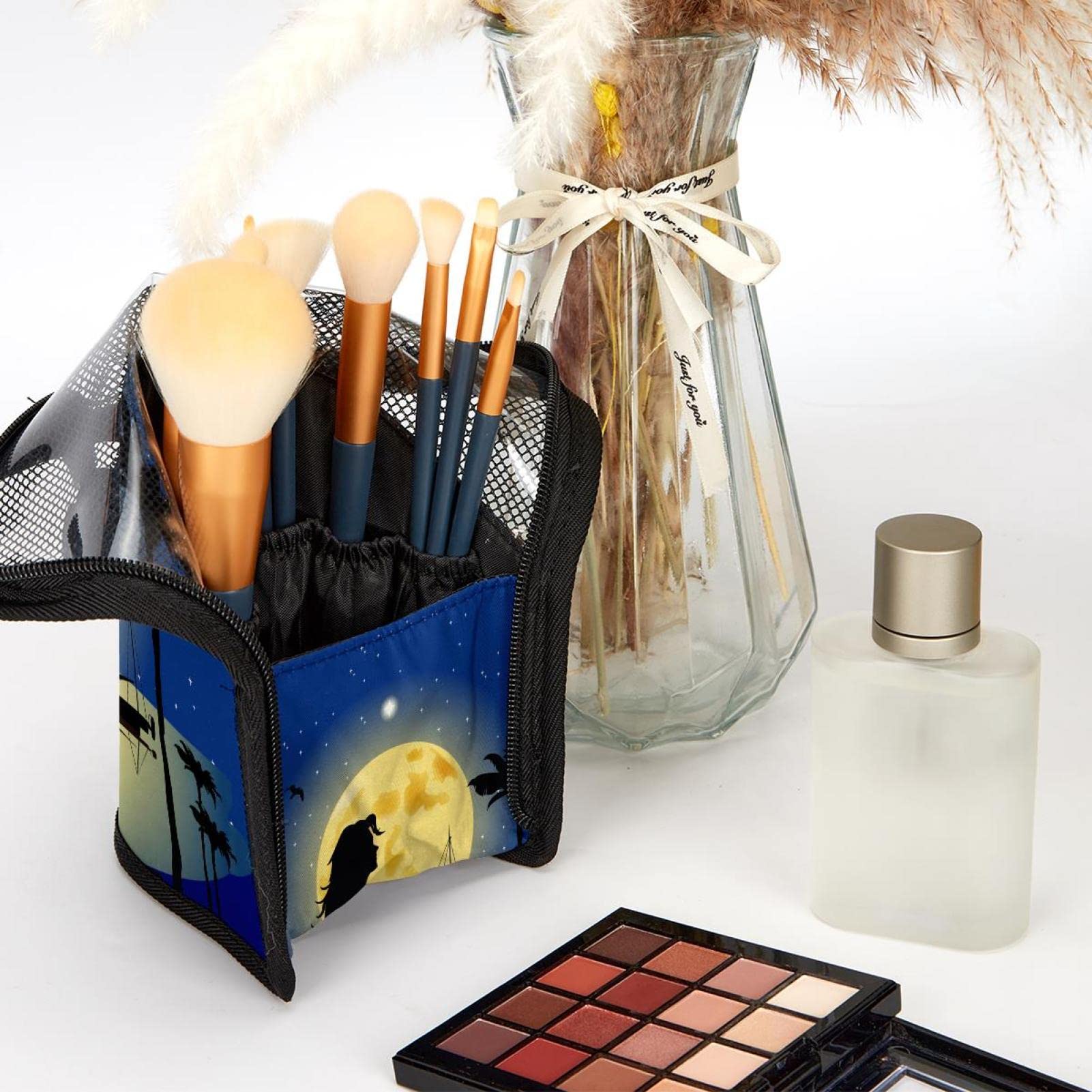 12-Piece Makeup Brush Organizer Bag with Mermaid & Moon Boat Design - Portable Cosmetic Brush Holder Case for Travel, Home, and Professional Use