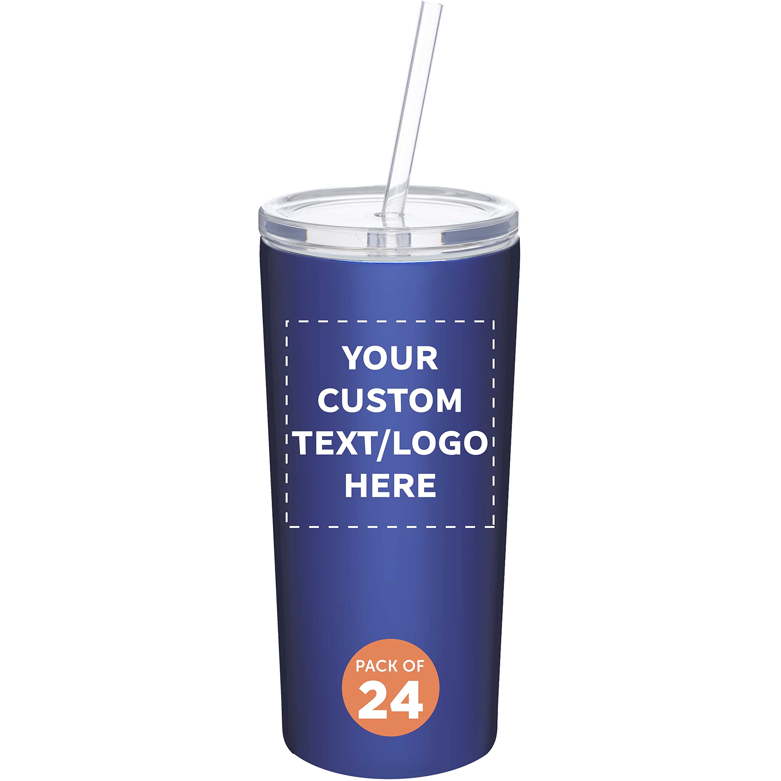 24-Pack Mira Stainless Steel Tumblers with Straws - 16oz Double Wall Insulated Cups - Customizable Text & Logo - Tritan Lid - Blue - Perfect for Office, Gym, Travel & Outdoor Activities