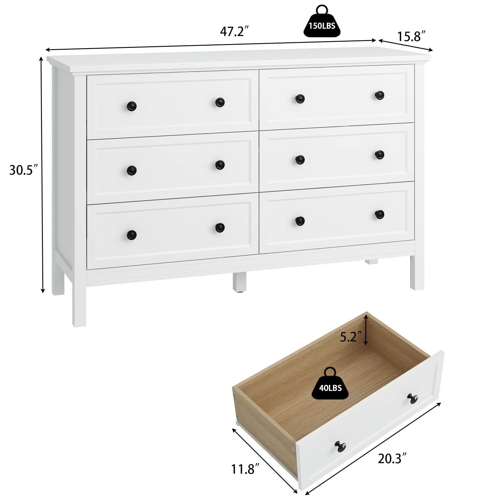 White 6-Drawer Dresser for Bedroom - Solid Wood Chest with Wide Drawers & Metal Handles - Modern Storage Cabinet for Hallway, Entryway, Closet Organization - Perfect for Bedroom Furniture, Home Decor & Small Space Storage Solutions