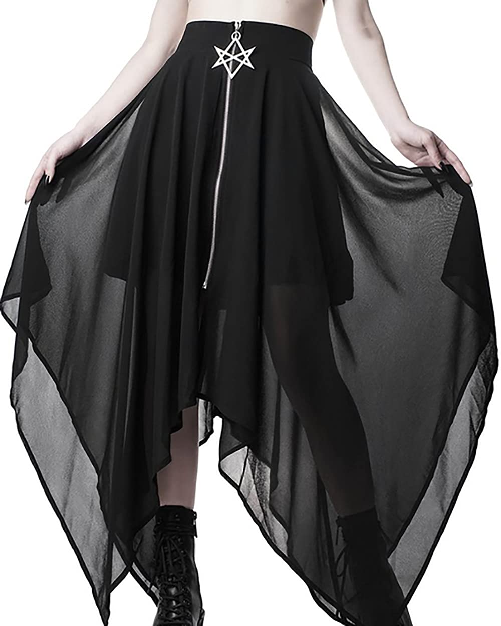 ETATNG Women's Black Punk Skirt with Mesh Yarn, Flowy Irregular Hem & Zipper Detail - Steampunk Gothic Midi Skirt for Concerts, Cosplay & Alternative Fashion